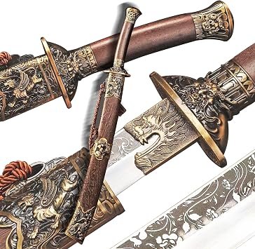 Chinese Sword Real Swords for Men with Dargon and Tiger Pattern Scabbard, Manganese Sword, Handmade Rosewood Saya Chinese Swords