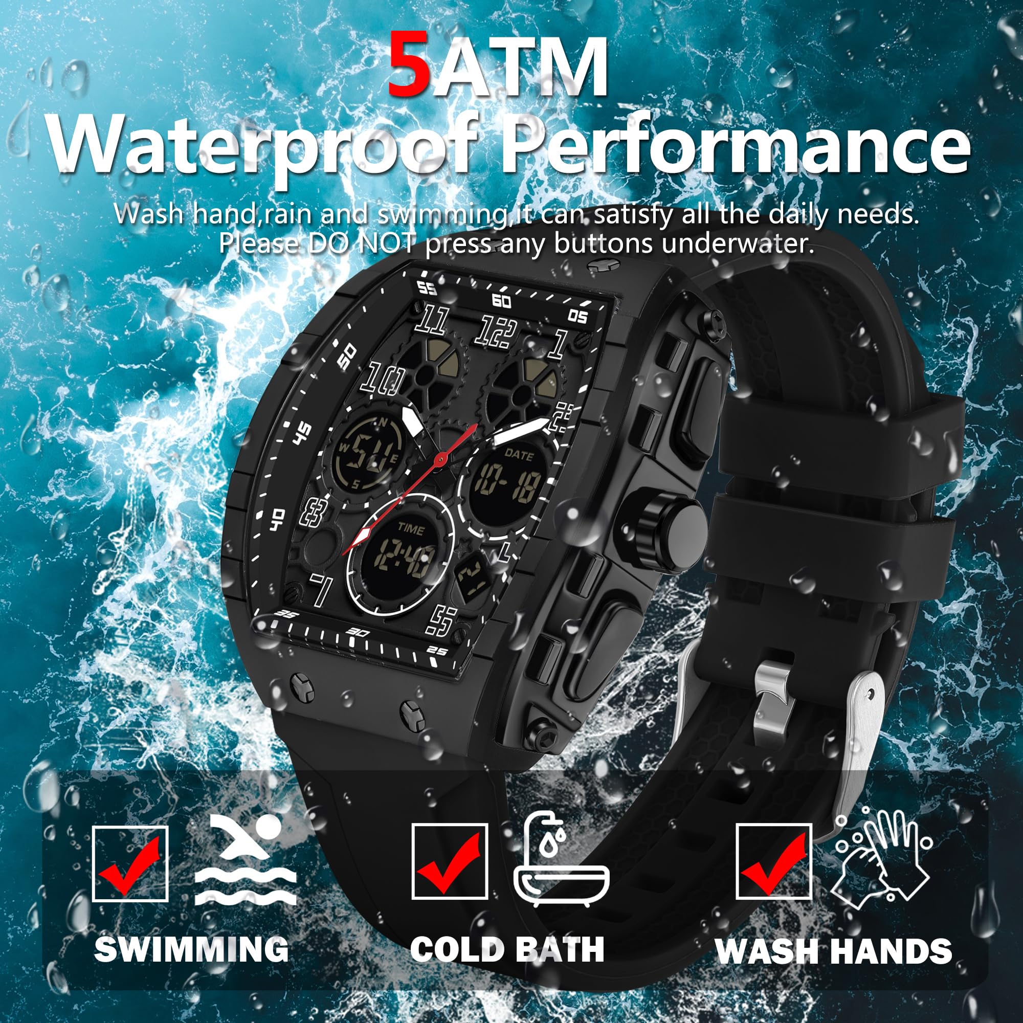 findtime Relojes únicos para Hombre, Reloj Digital Resistente al Agua, Reloj Deportivo con Alarma, cronómetro, diseño Punk, analógico, Calendario, Doble visualización de Hora, Correa de Silicona
