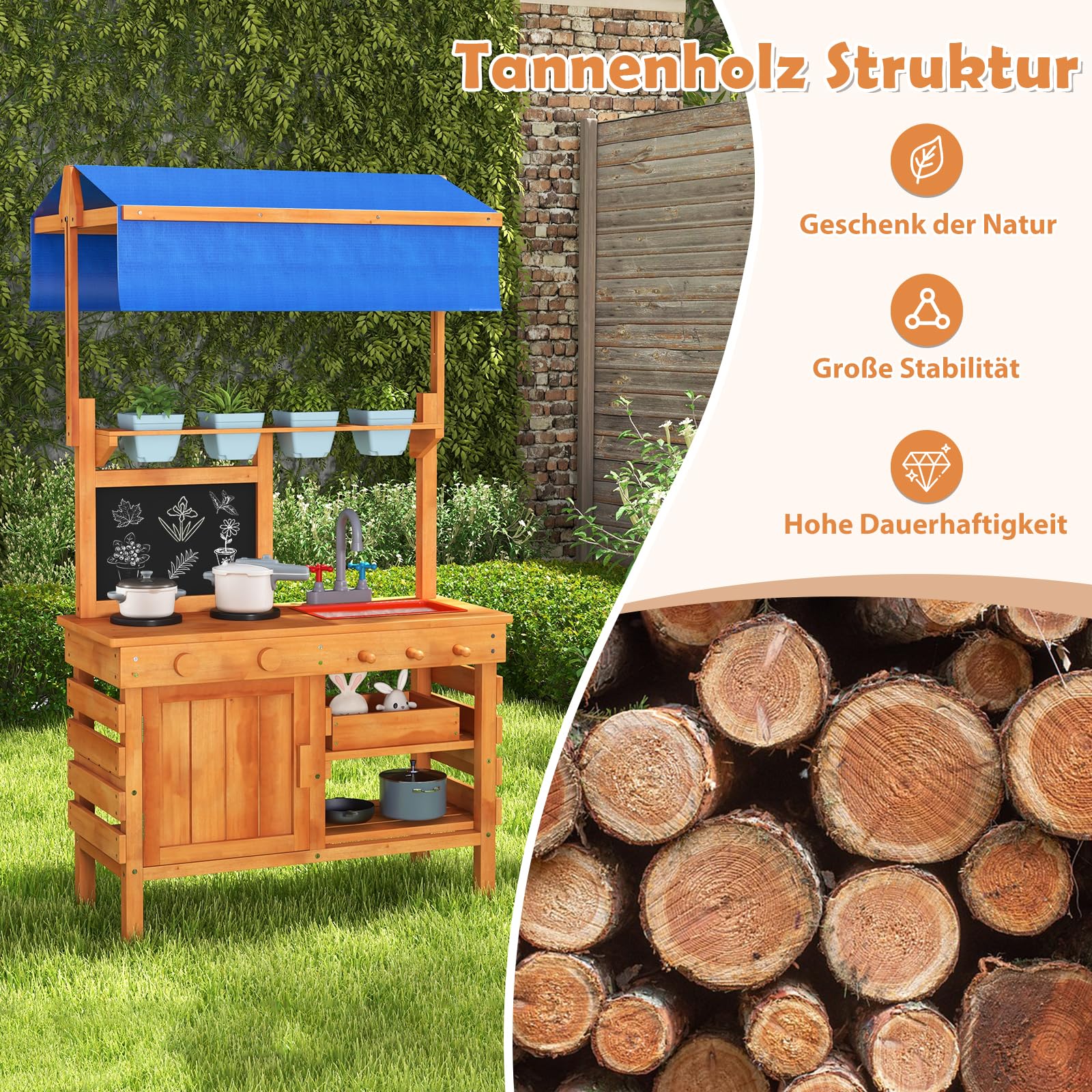 GOPLUS Matschküche Kinder Outdoor, Spielküche aus Tannenholz mit verstellbarem Baldachin, Spüle, 4 Töpfen, Stauraum & beschreibbarer Tafel, Kinderküche Gartenküche für Kinder ab 3 Jahren