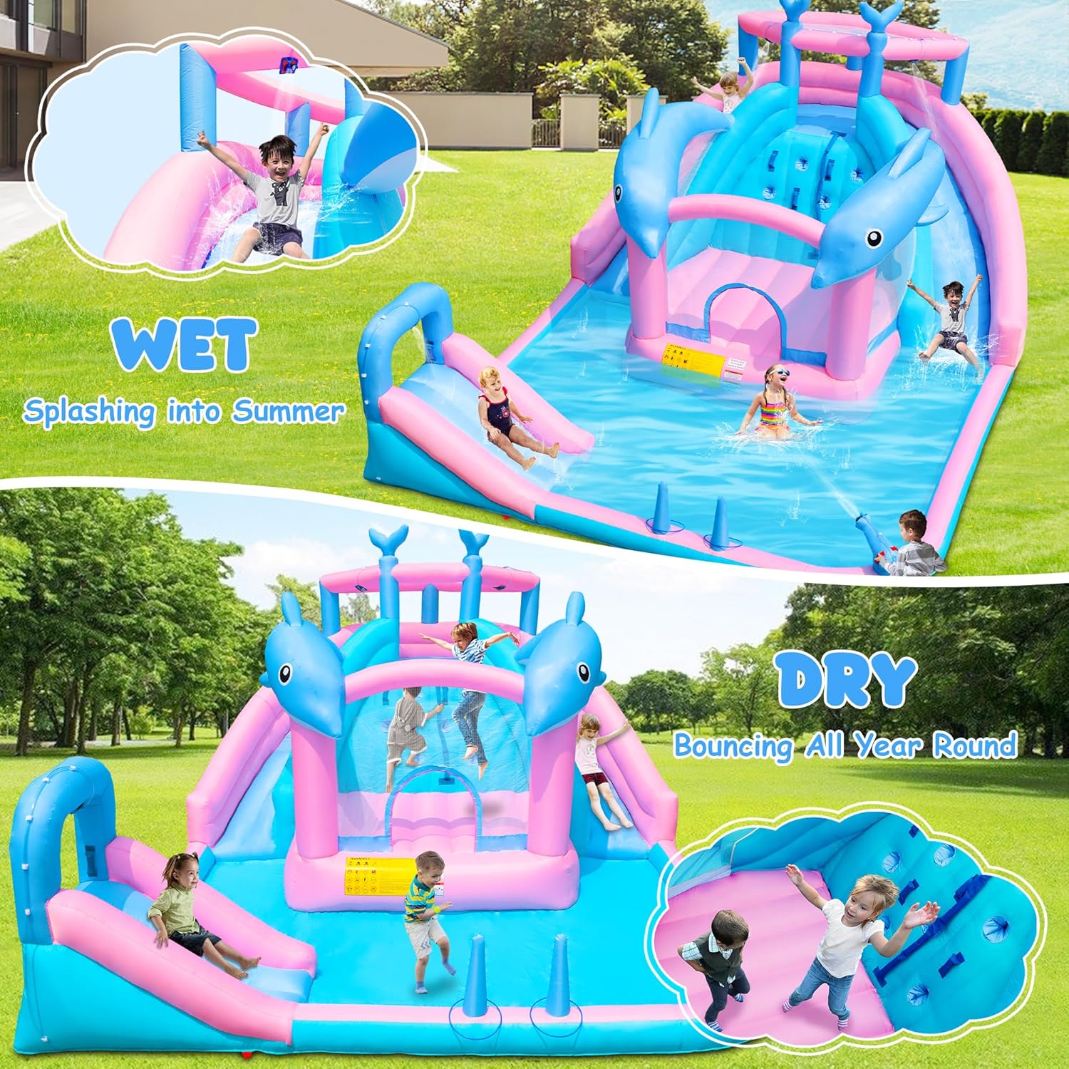 Inflatable Water Slide, Dolphin Bounce House for Kids 3-12, Water Park with Blower, Splash Pool, Climbing Wall, Water Cannon, Bouncy Castle for Backyard Summer Fun, 195 x 162 x 104 inches
