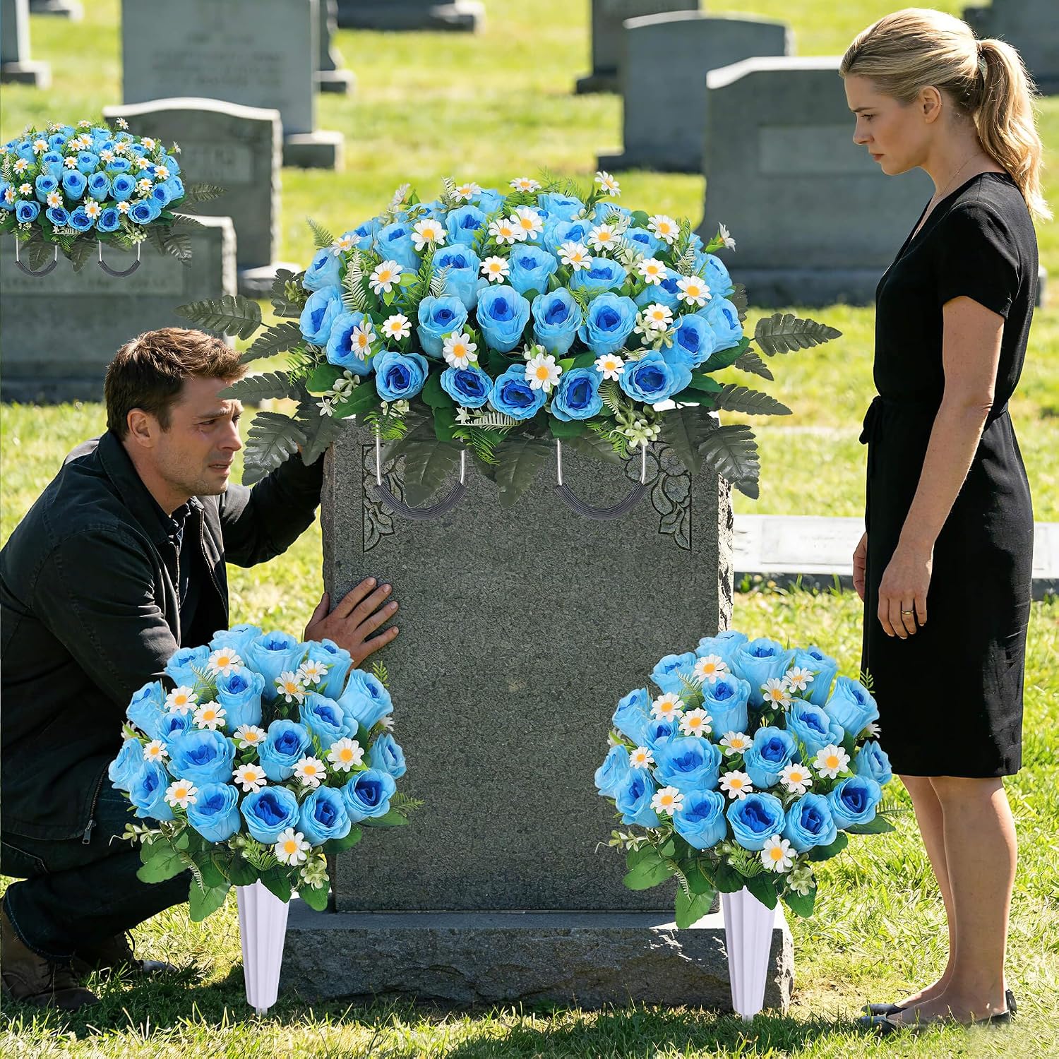 Lodou 3 Pcs Artificial Cemetery Flowers for Graves – Memorial Flower Saddle & 2 Rose Bouquets with Vase,Cemetery Saddle Flowers for Headstone, Elegant Grave Decor for Headstones (Blue)