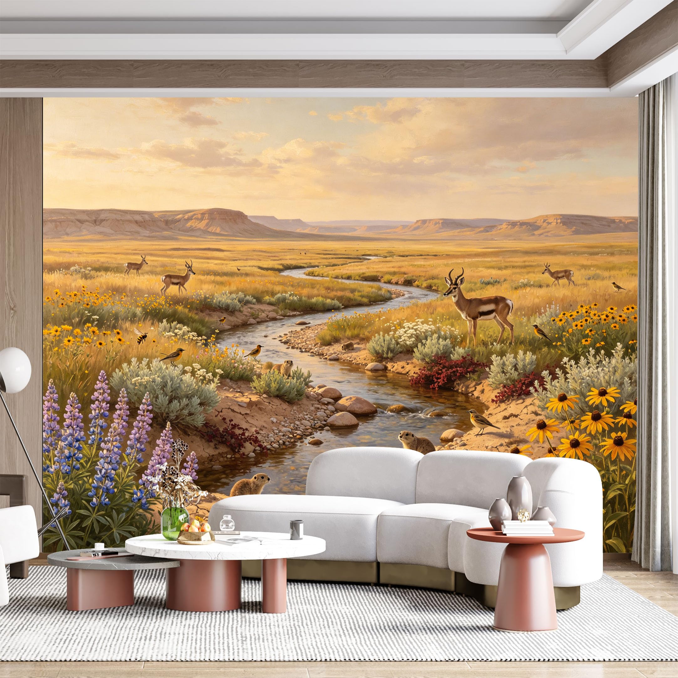 Custom Size Wall Mural Pronghorn Antelope Desert Landscape Wildlife Stream Wildflowers Oil Painting SelfAdhesive Wall Fabric Removable for Home Office Decor