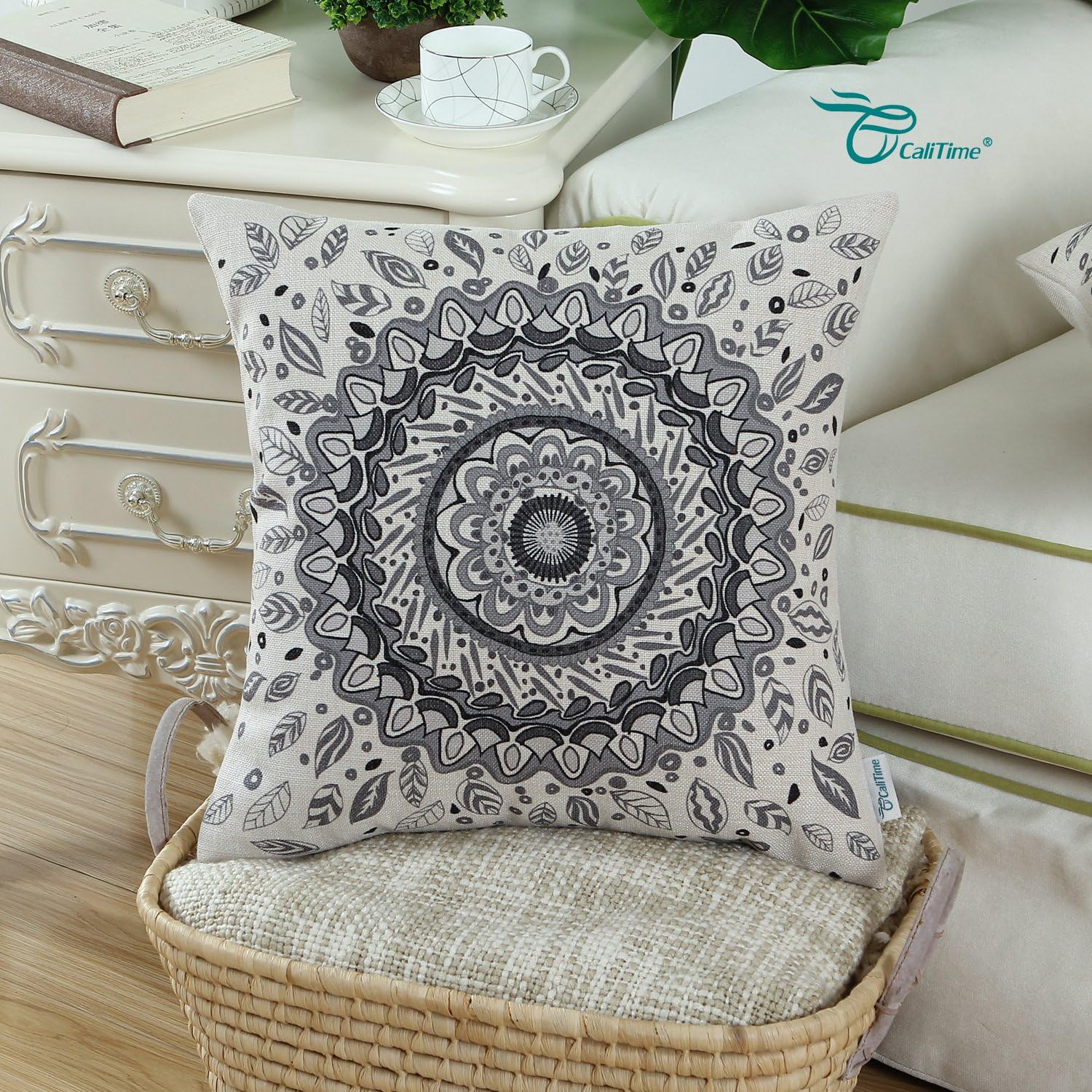 CaliTime Canvas Throw Pillow Cover Case for Couch Sofa Home Decor Floral Compass Leaves Medallion 18 X 18 Inches Gray