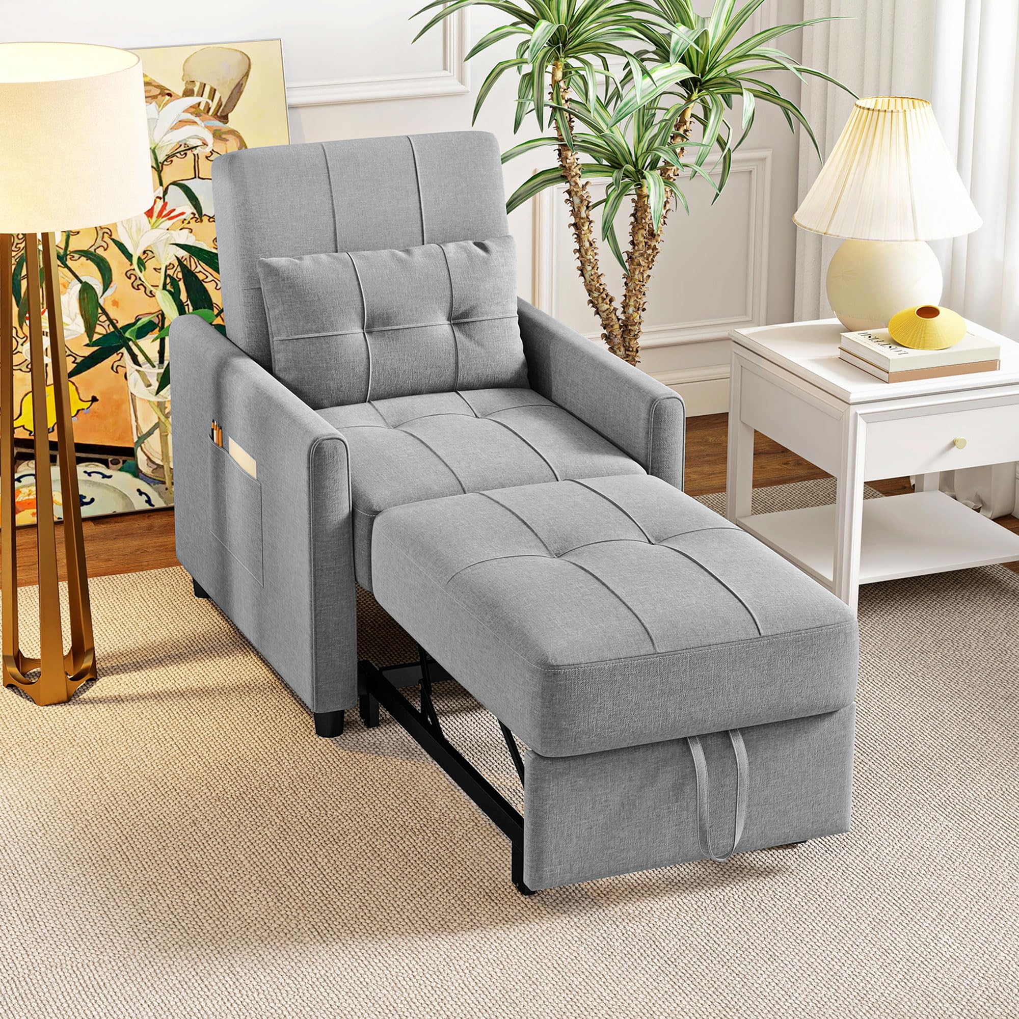 HOMCOM 3-in-1 Single Sofa Bed, Sleeper Chair Pull Out Bed, Light Grey | Convertible, with Adjustable Backrest, Side Pockets, for Home Office, Bedroom, Living Room