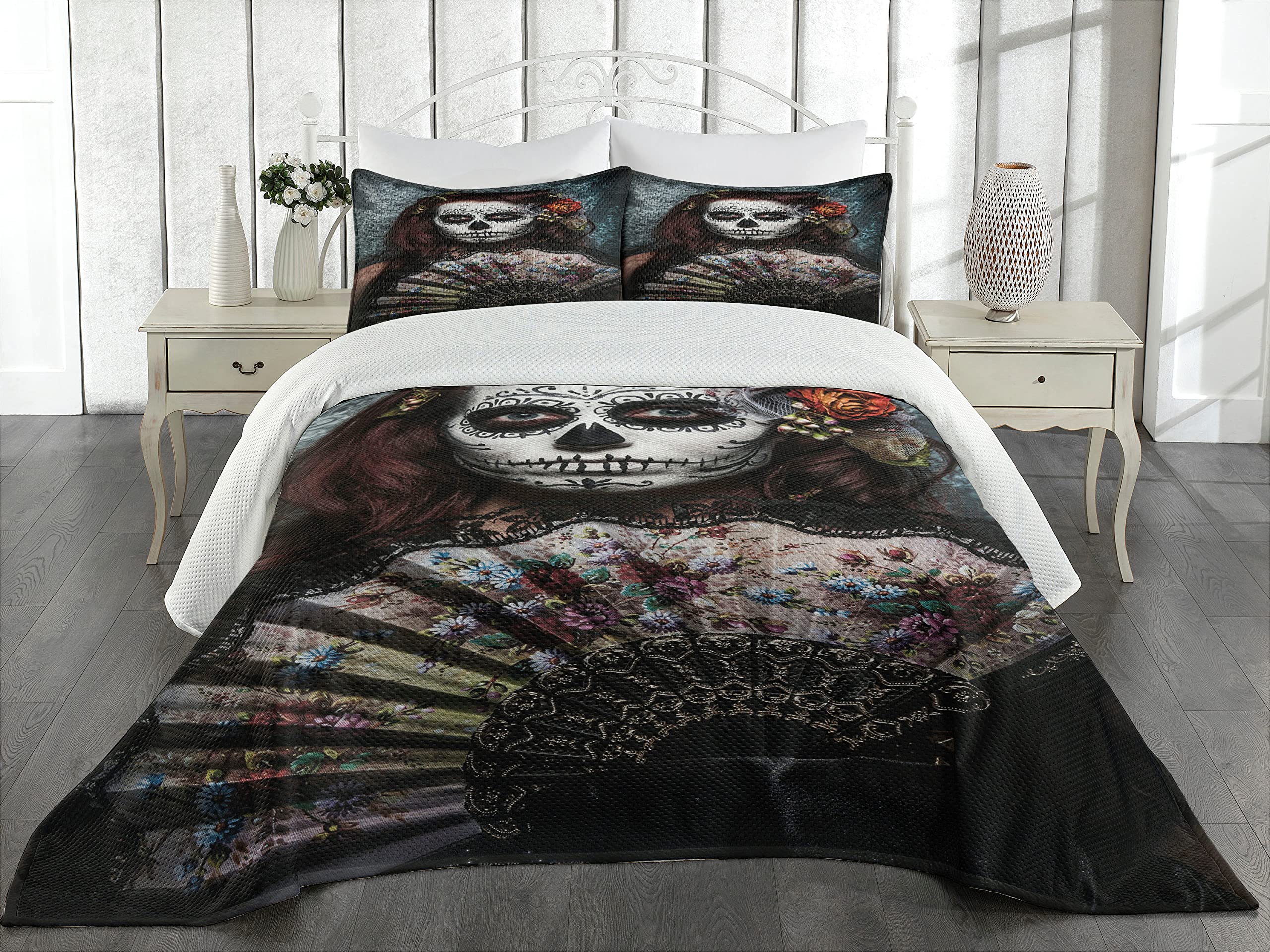 Ambesonne Day of The Dead Coverlet, Make up Artist Girl Skull Scary Roses Artwork Print, 2 Piece Decorative Quilted Bedspread Set with 1 Pillow Sham, Twin Size, Cadet Blue Maroon