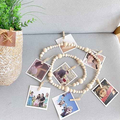 Miniatura 5 de Dnuzewr Expositor de fotos colgante de 4 pies con clips, decoración bohemia de cuentas de madera, guirnalda de cuentas de cumpleaños, soporte para