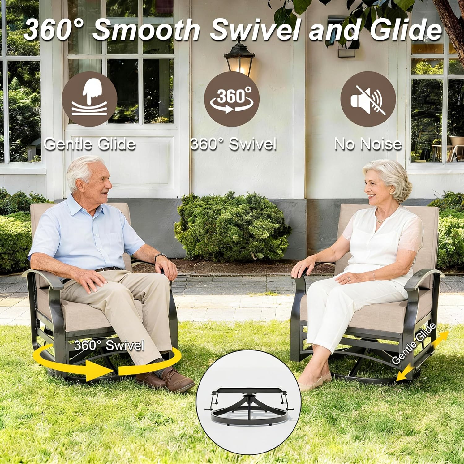 Gotland 5 Piece Patio Set, Aluminum Outdoor Swivel Chairs Set with 48’’ Round Fire Pit 5.1’’ High-Resilience Seat Cushions 29.5" Deep Seating, Metal Patio Furniture Set Patio Conversation Sets, Khaki