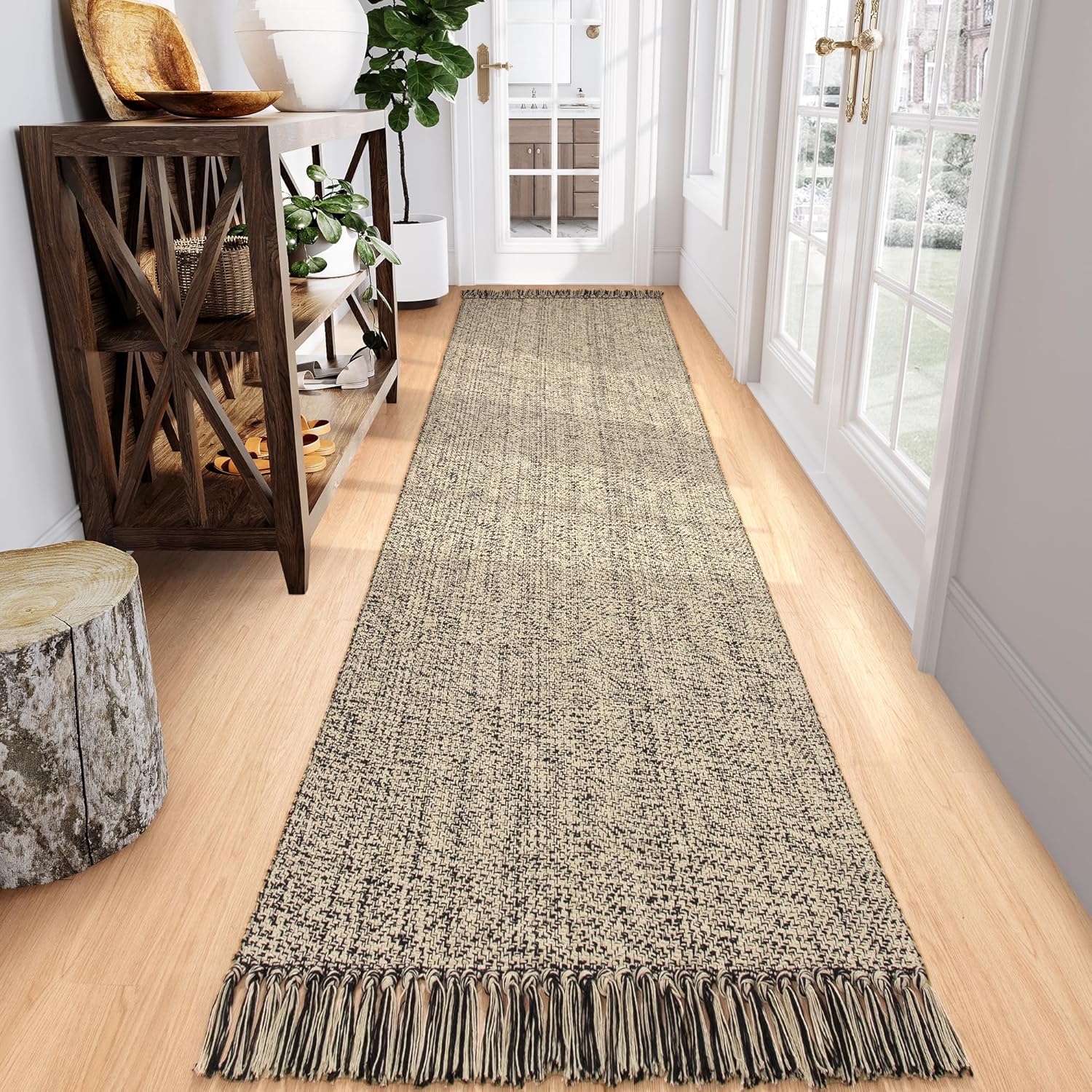 Collive Long Runner Rugs for Hallway 2.6x10, Washable Bathroom Rug Runners Indoor Entryway Rug, Natural/Black Braided Woven Kitchen Runner Carpet for Bedroom Laundry Doorway Indoor Dacor
