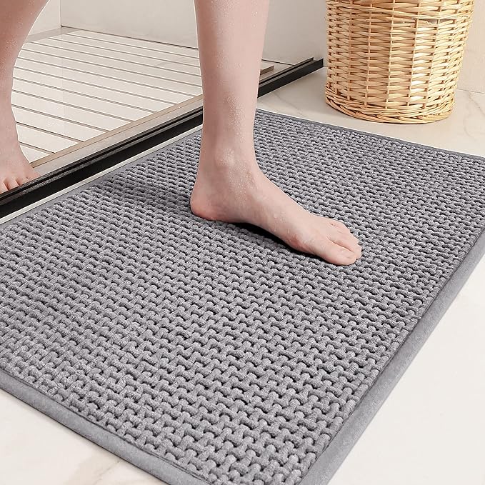 Color&Geometry Grey Chenille Bathroom Rugs Non Slip