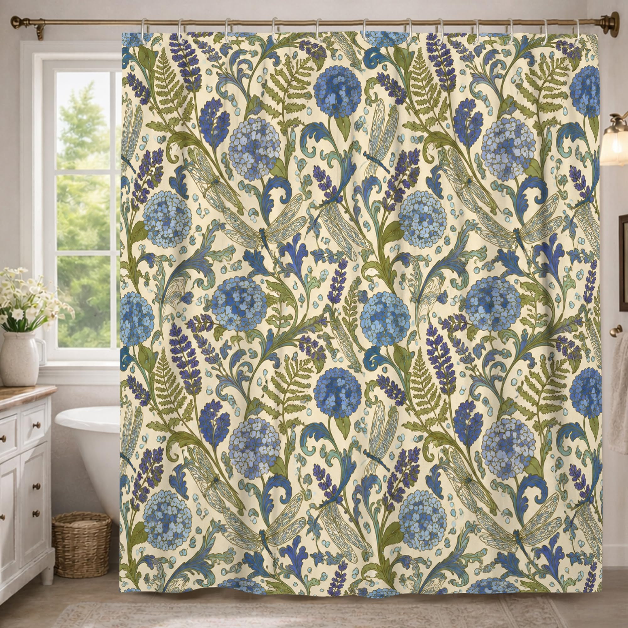Rideau de douche extra long tissu floral vintage bleu 183x243