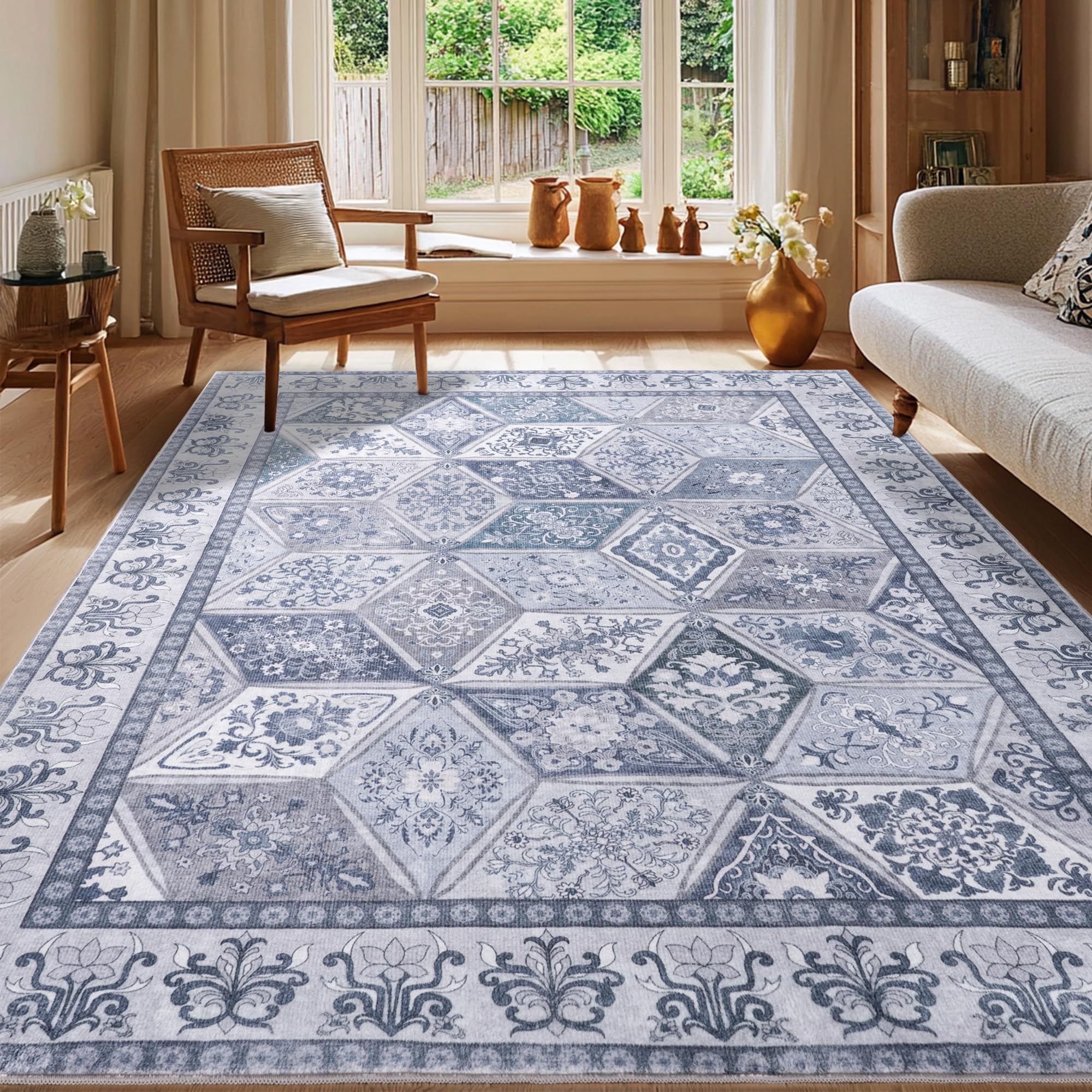 Calinline Blue Large Boho Low Pile Area Rugs Living Room Rug, 120x160 cm