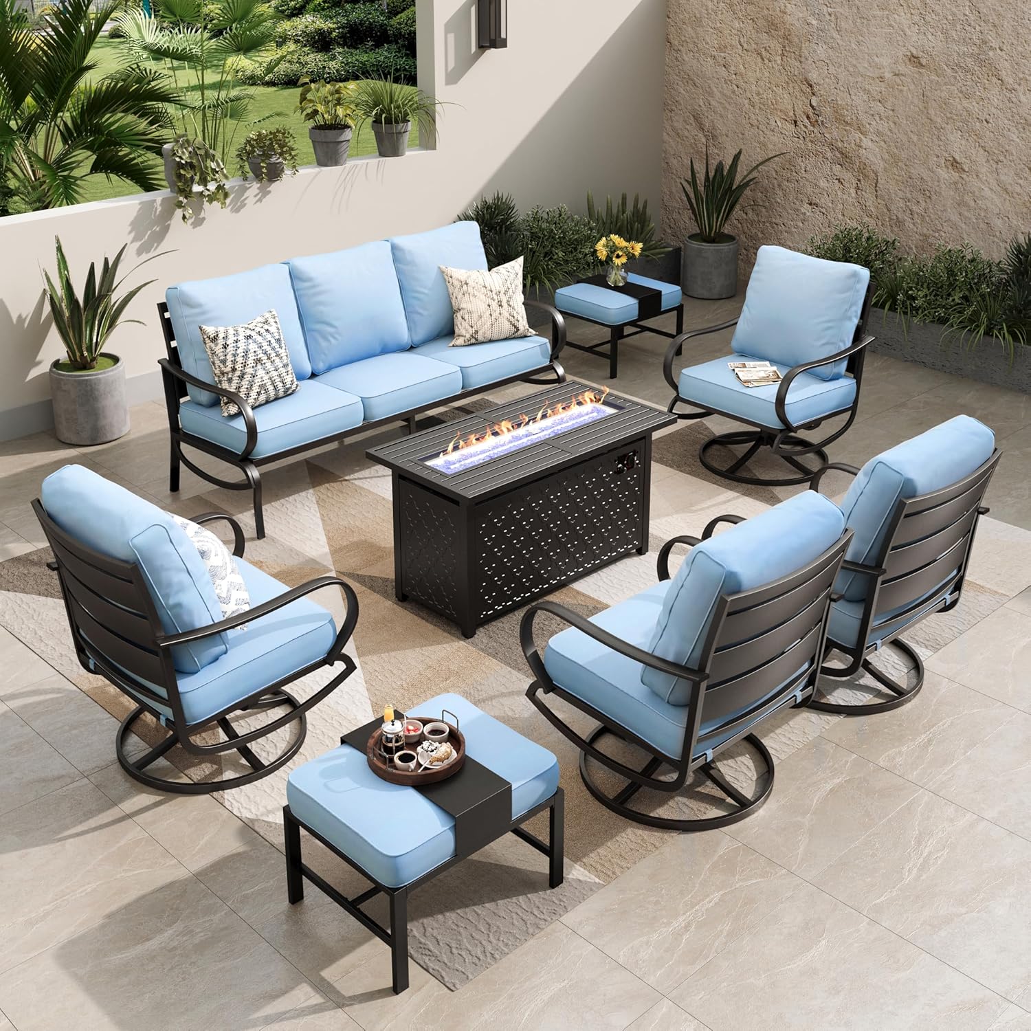 PHI VILLA Patio Furniture Set with Fire Pit Table,1x 3-Seat Wide Deep Seating Bench Sofa, 4 Swivel Sofa Chair, 1 Fire Pit Table,Outdoor Conversation Set for 9,Light Blue