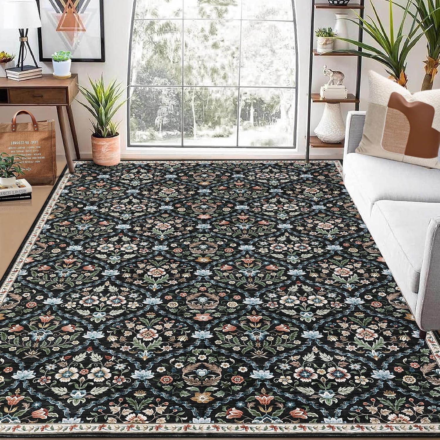 GarveeHome Floral Trellis 8x10 Rug Machine Washable Rugs Non Slip Non Shedding Vintage Rug Indoor Floor Carpet Low Pile Distressed Rugs for Living Room Bedroom Home Decor, Black