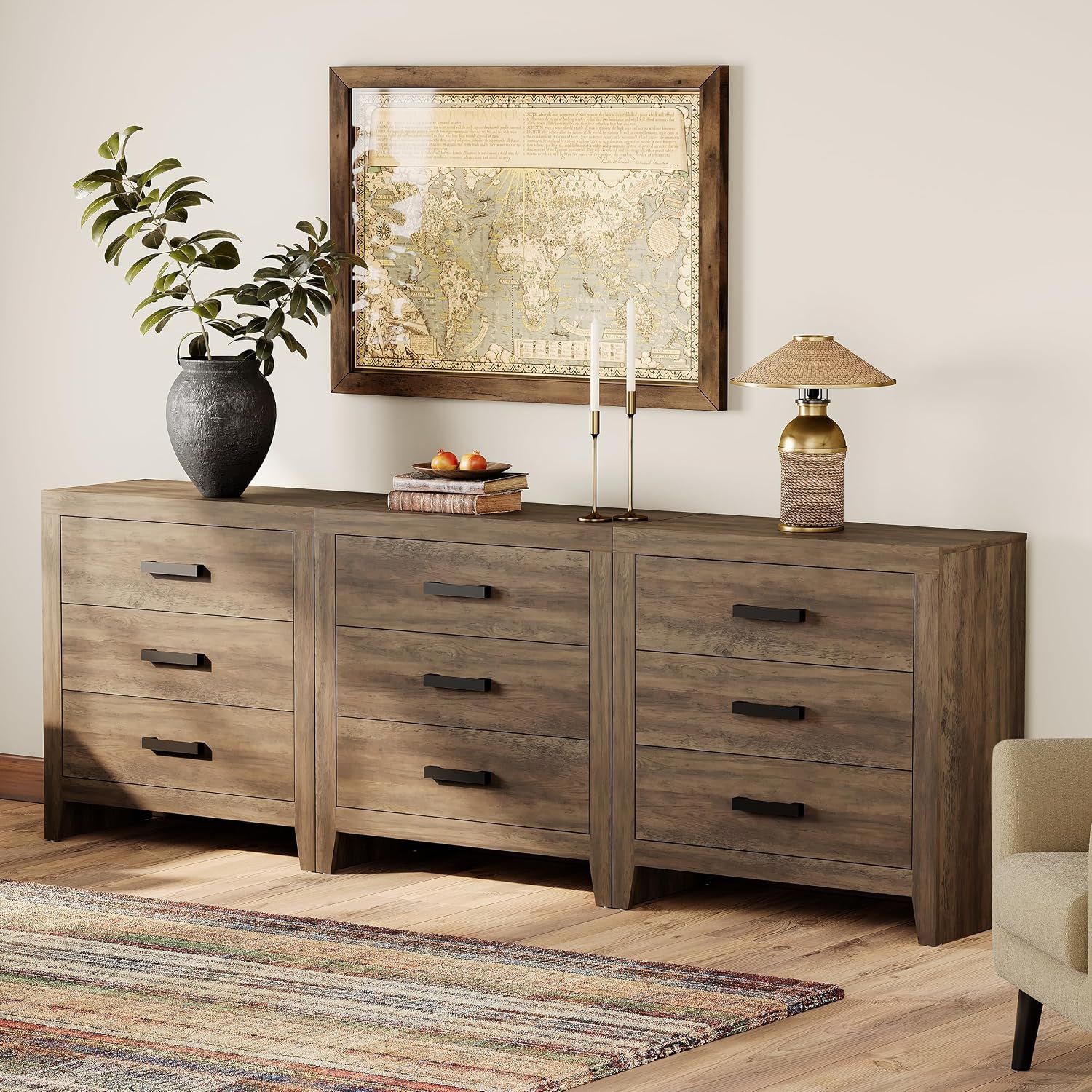 WAMPAT Farmhouse 3 Drawer Dresser Set of 3, Large 9 Drawer Dresser for Bedroom, Wooden Chest of Drawers Closet Storage Organizer for Bedroom, Hallway, Living Room, Living Room, Hallway, Brown