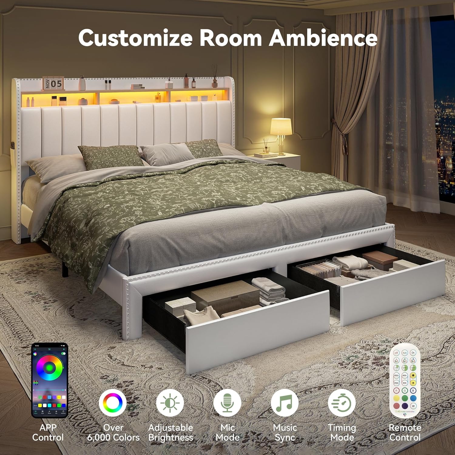 Torana Queen LED Bed Frame with 2 Drawers, PU Leather Upholstered Storage Wingback Headboard Beds, Channel Tufted Platform Bedframe with Rivet Decor, No Box Spring Needed, White