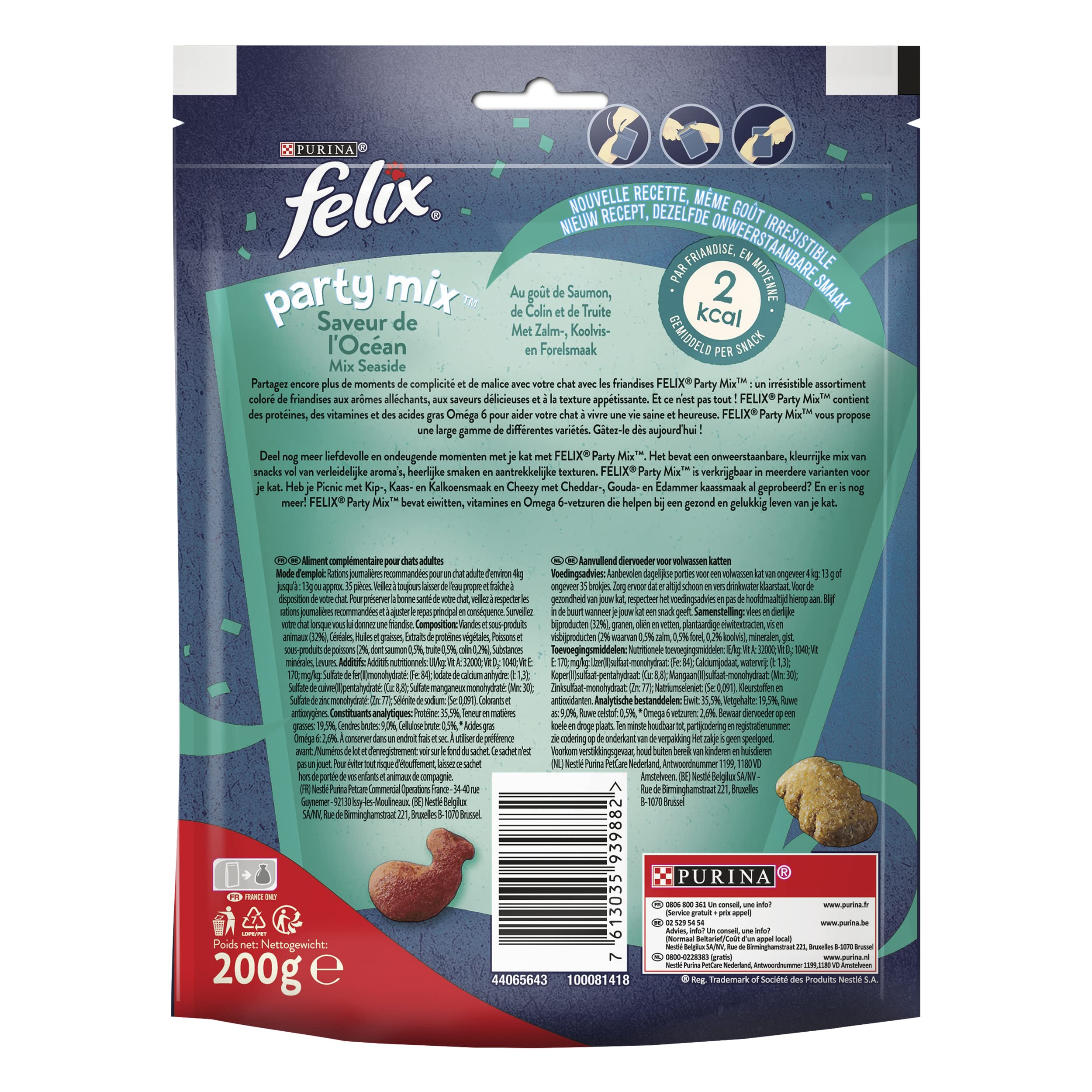 Felix | Party Mix | Friandises pour Chat Adulte | Riches en protéines, vitamines, acides Gras et oméga 6 | Saveur de l'Océan au goût irrésistible : Saumon, Colin, Truite | Sac | Lot de 5 x 200g
