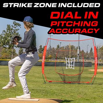 GoSports 7 ft x 7 ft Baseball & Softball Practice Hitting & Pitching Net with Bow Type Frame, Carry Bag and Strike Zone, Great for All Skill Levels