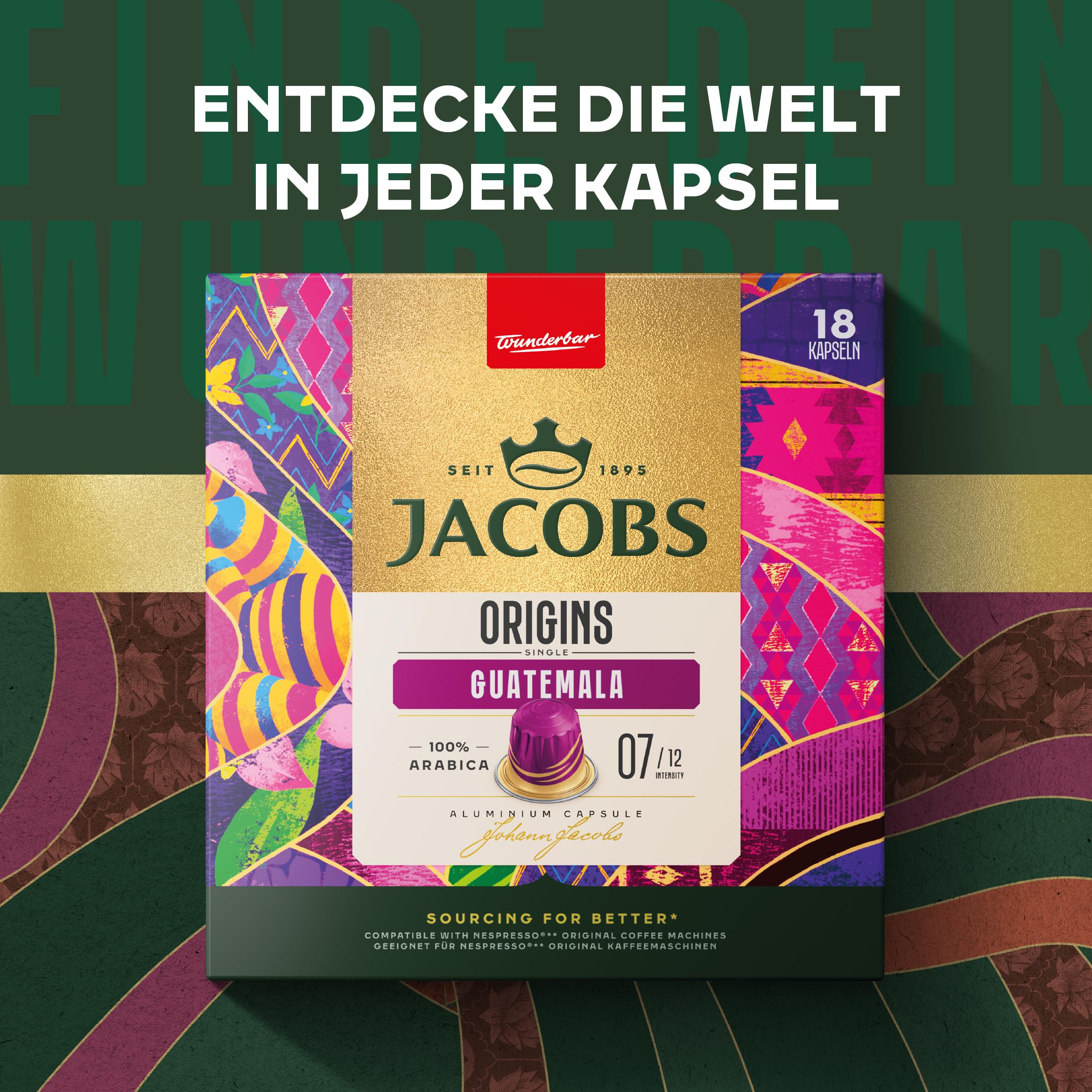 Jacobs Kaffeekapseln Guatemala, Single Origin 100% Arabica, Intensität 7/12, 10 x 18 Getränke, Nespresso* kompatible Kaffee Kapseln, 180 Kapseln