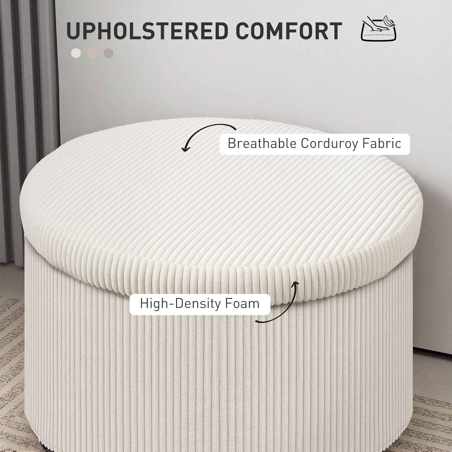 24Inch Round Storage Ottoman Stool with Lid, Upholstered in Beige Corduroy Material, Providing Soft Comfort Seating and Plenty of Storage