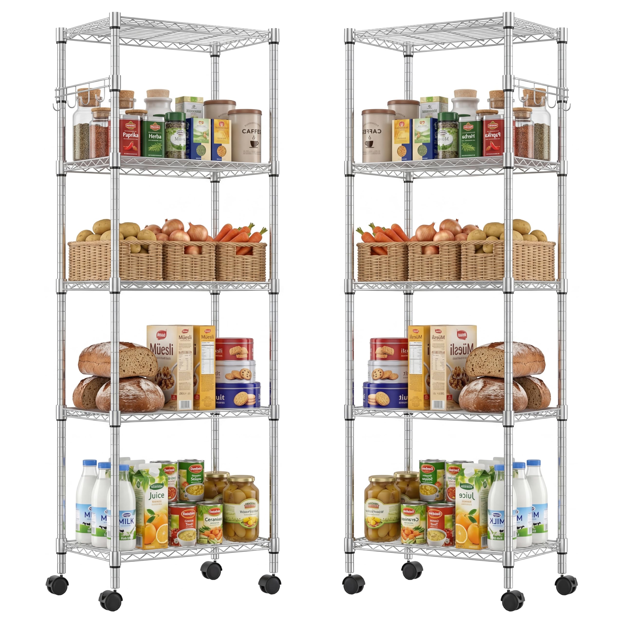 Himimi Set of 2 5-Tier Wire Shelving Unit on Wheels, Chrome, 59W x 35D x 183H cm, Height Adjustable Metal Shelving Unit, Free Standing Storage Rack Shelf for Kitchen Pantry Bathroom Garage, Silver — image 1