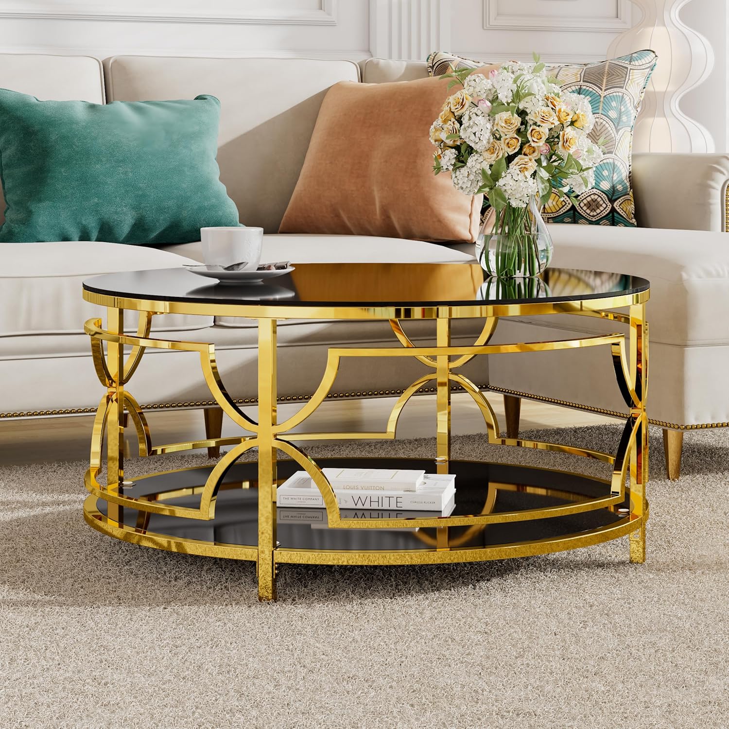 30.7" Black and Gold Tempered Glass Coffee Table with Storage, Luxury Circle Center Table with Shelf, 2 Tier Round CoffeeTable for Living Room Modern Mirror CoffeeTable, Geometric Metal Base