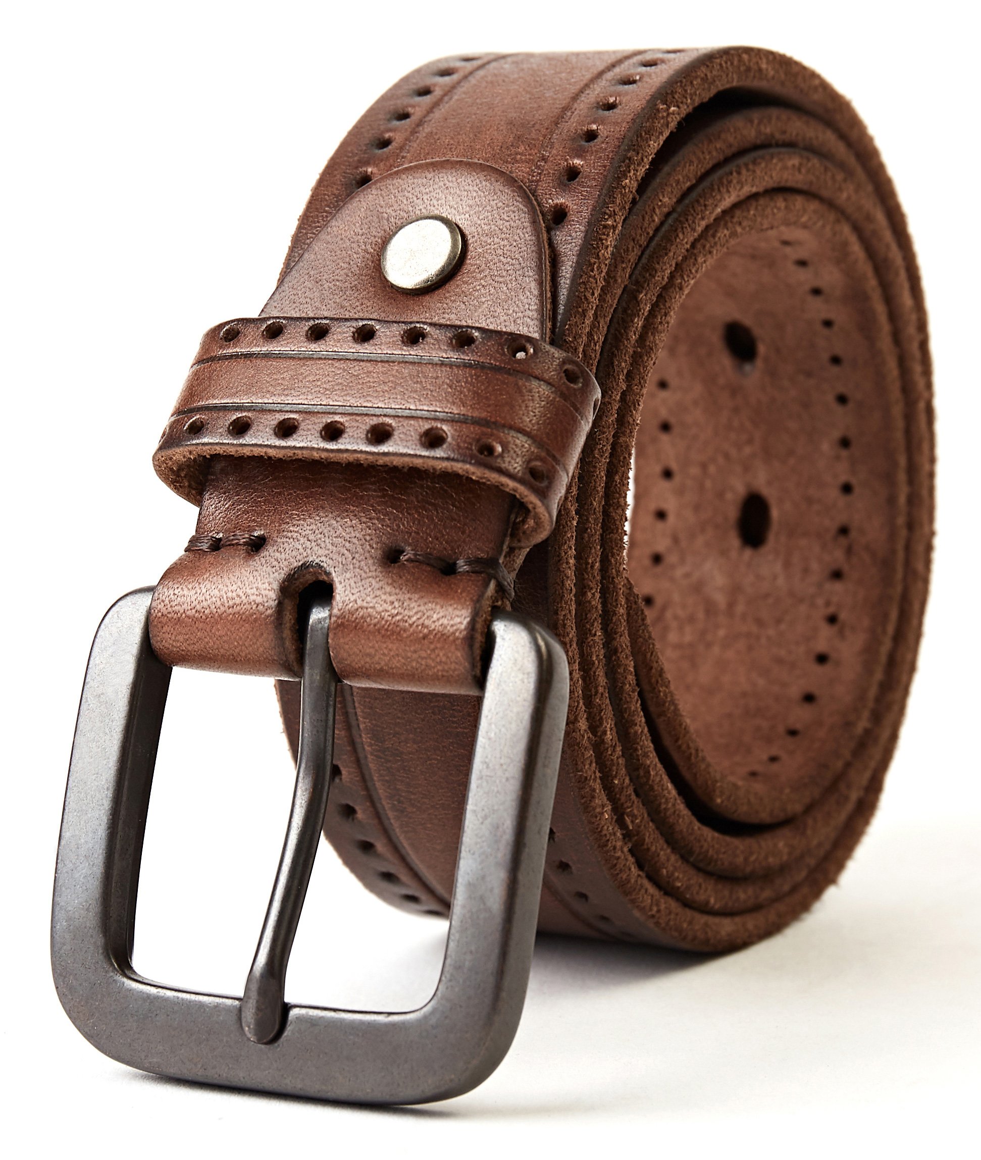 3ZHIYIMens 100% Full Grain Leather Belt 1.5inch Casual Style Pin Buckle Jeans, 110CM (fit waist 28inch-39inch), Dark Brown