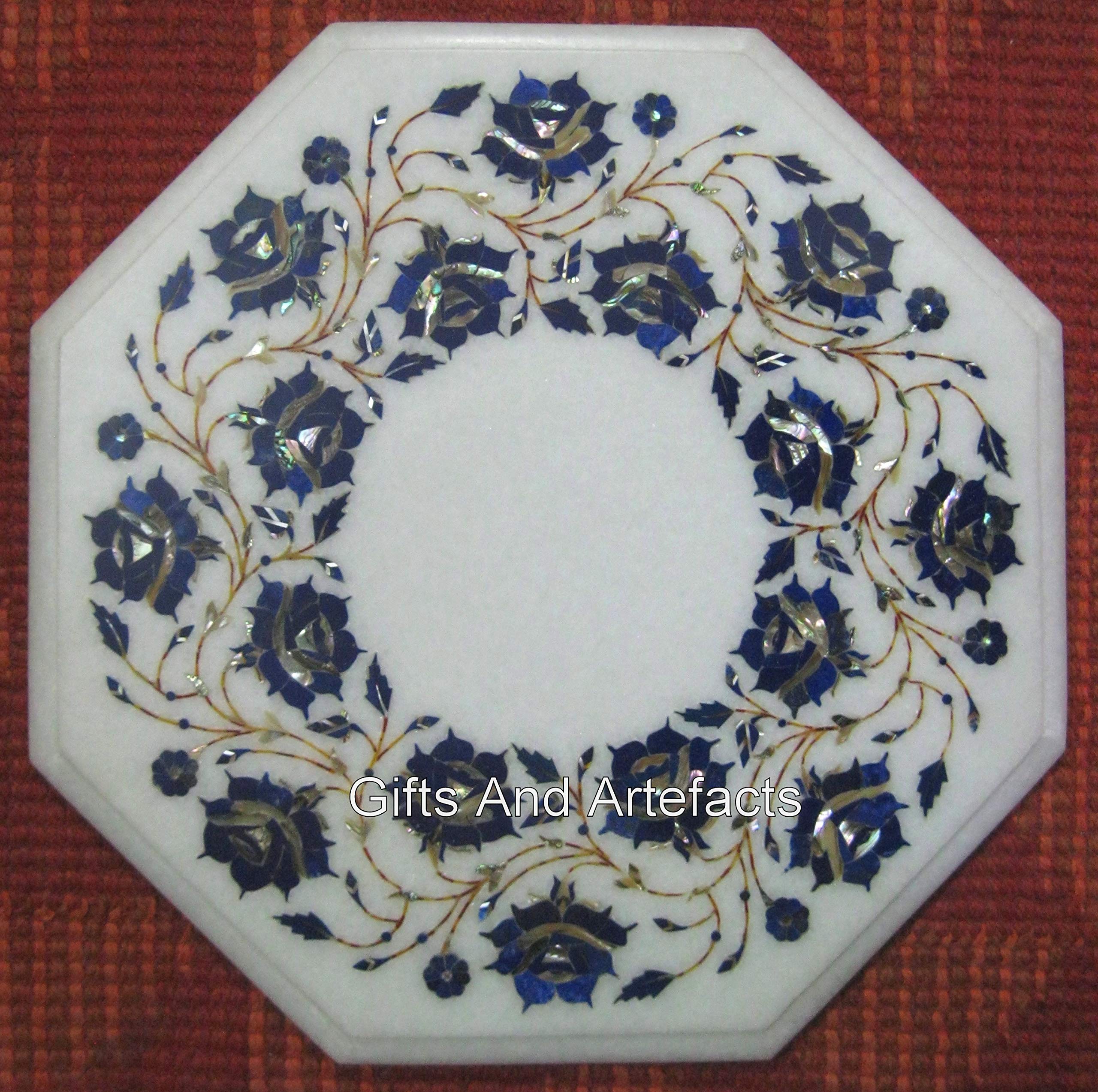 Table basse en pierre précieuse marbre blanc 45x45 cm, table d'appoint cuisine octogonale
