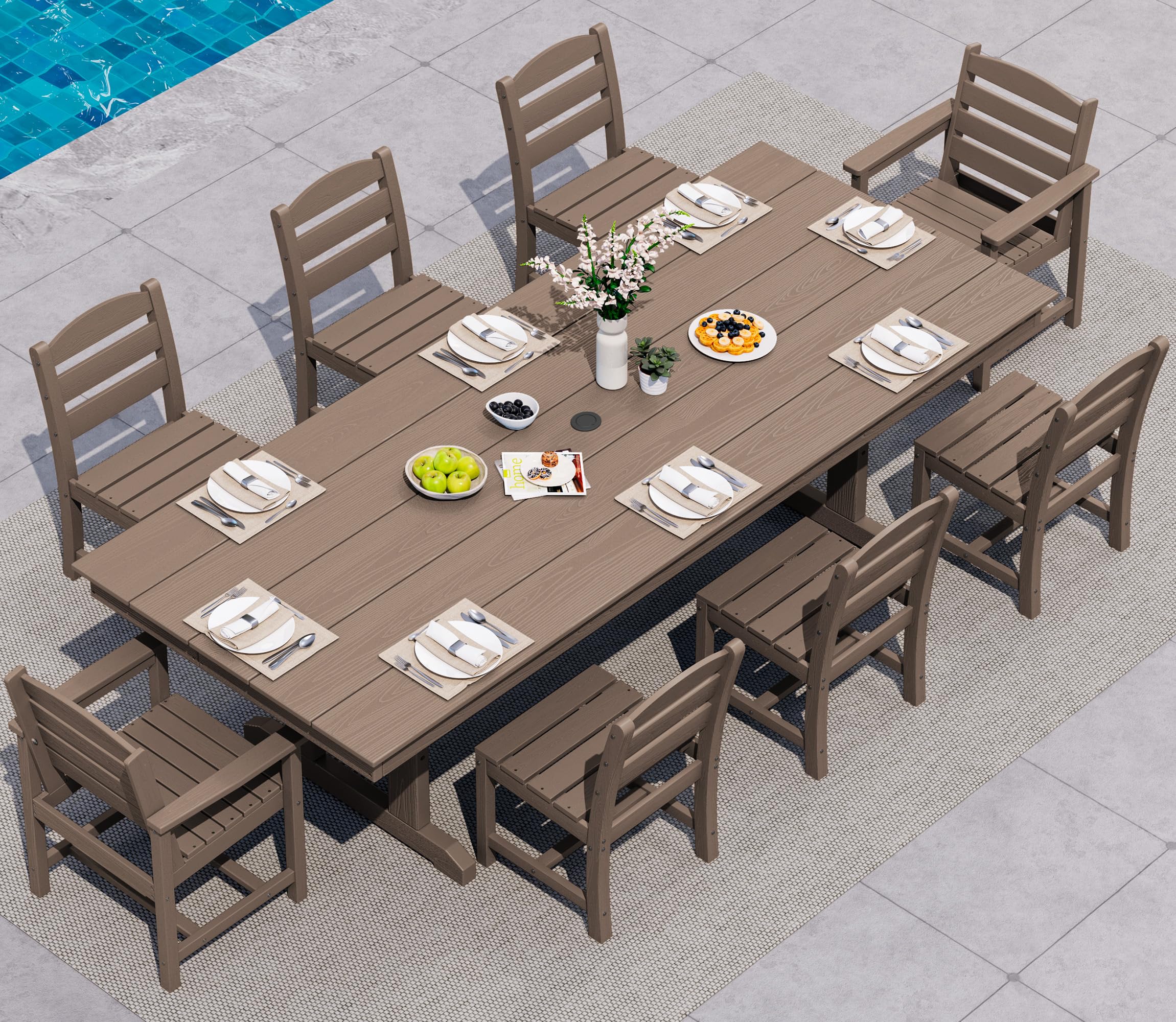 SERWALL 9Pcs HDPE Outdoor Dining Set w/6 Armless, 2 Armchairs for 8,Brown