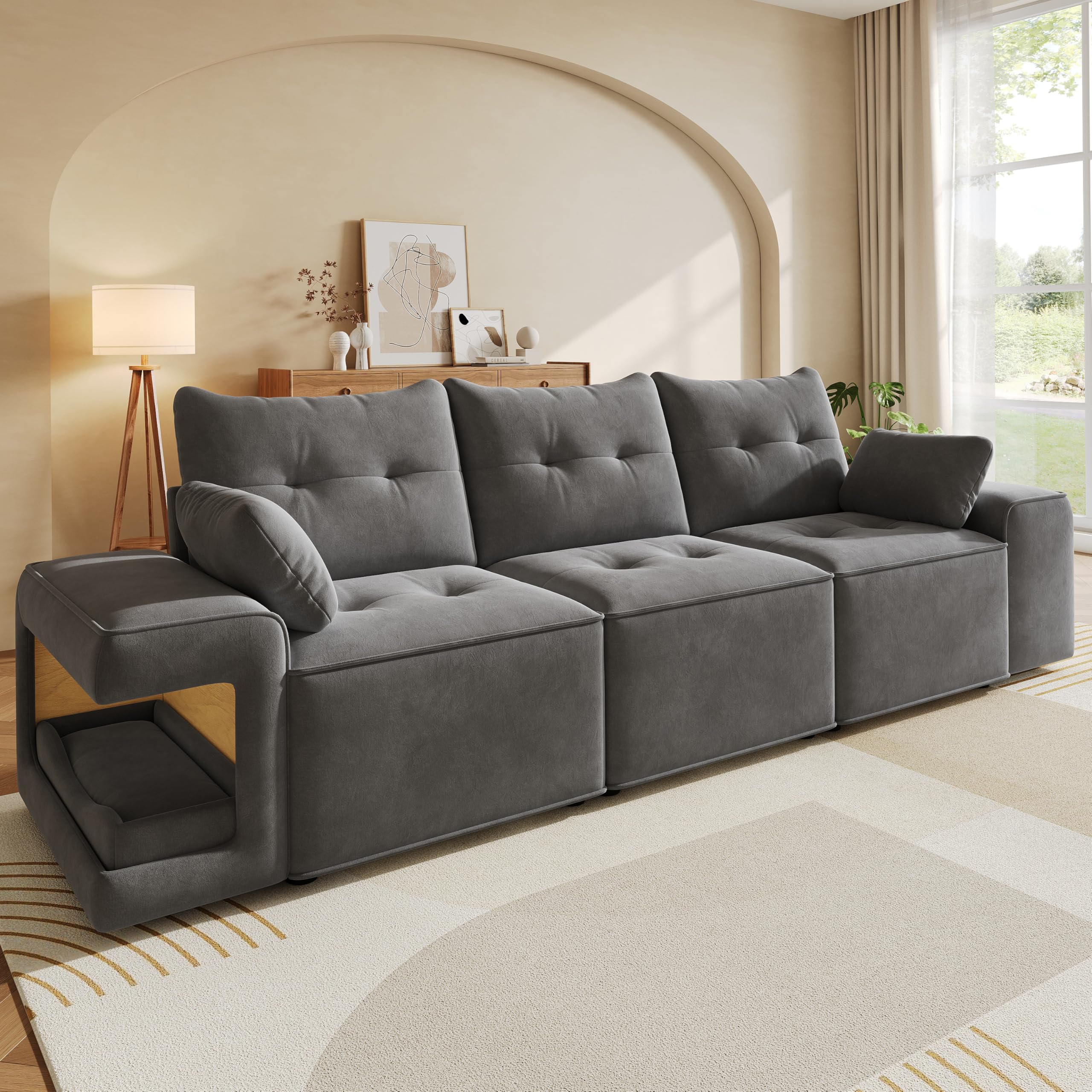 Moimhear Divano modulare moderno a 3 posti, braccioli larghi, contenitore (grigio)
