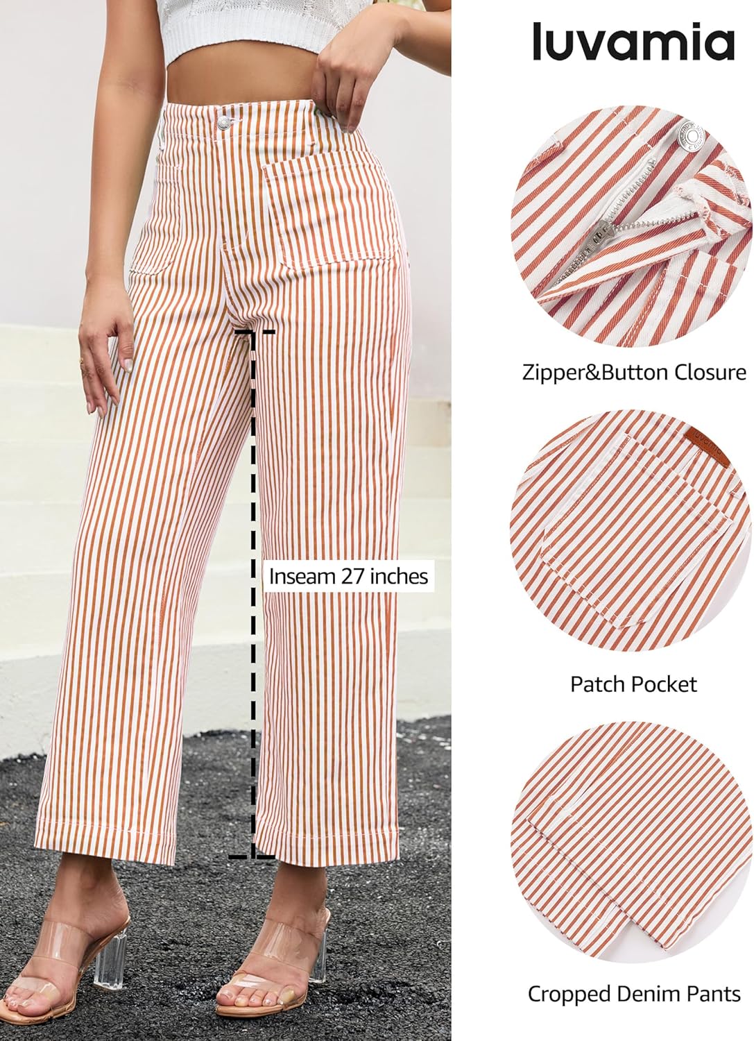 luvamia Striped Jeans for Women Trendy High Waisted Cropped Wide Leg Pants Stretchy Denim Patch Pocket Pinstripe Pants - Image 4