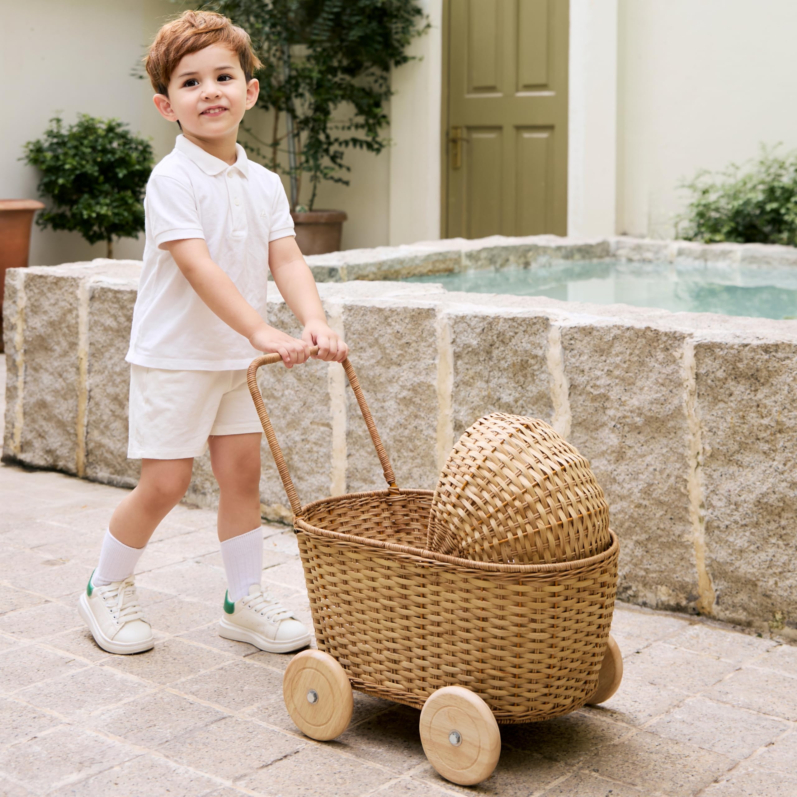 GON Stroller – 3 in 1 Rattan Puppenwagen, Einkaufwagen & Lauflernwagen für Kinder | Handgeflochtener Puppen-Buggy aus Naturmaterialien mit Kissen & Matratze | Holzpuppenwagen ab 1 Jahr - Natural