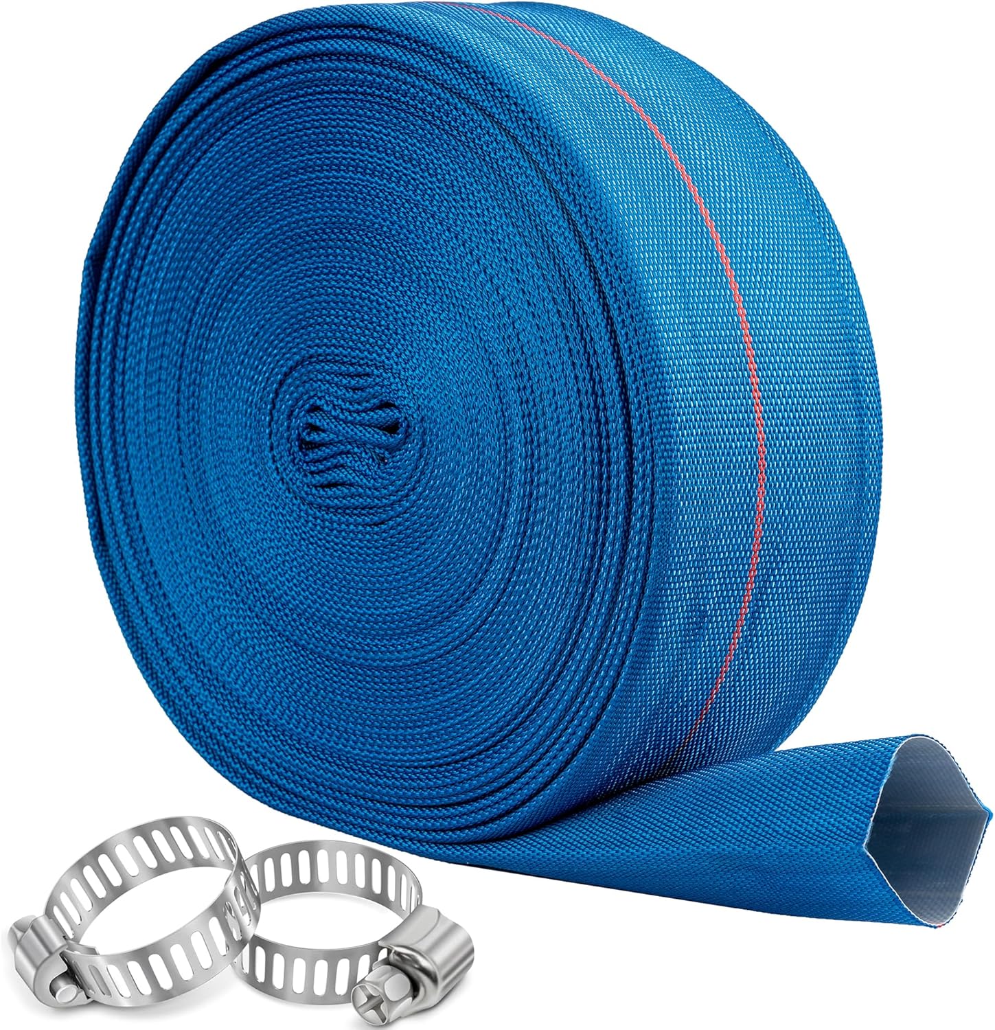 Pool Backwash Hose 2” × 100 ft Heavy Duty PVC Water Discharge Hose General Purpose Flexible Reinforced Lay Flat Pump Drain Pipe for Water Transfer, with 2 Clamps (2in-100ft, No Leak)
