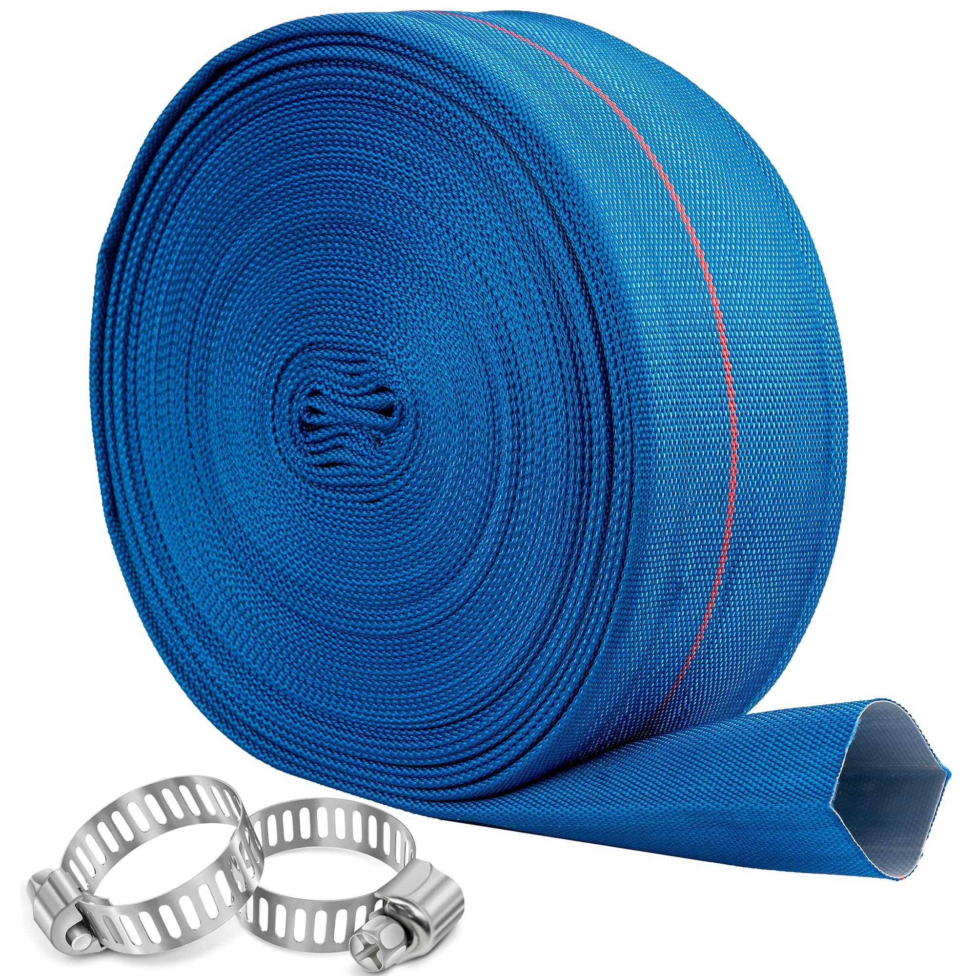 Pool Backwash Hose 3” × 65 ft Heavy Duty PVC Water Discharge Pipe Flexible Reinforced Pump Drain Hose, 3 in Diameter & 4.7 inch Width Lay Flat, with 2 Clamps (3in-65ft)