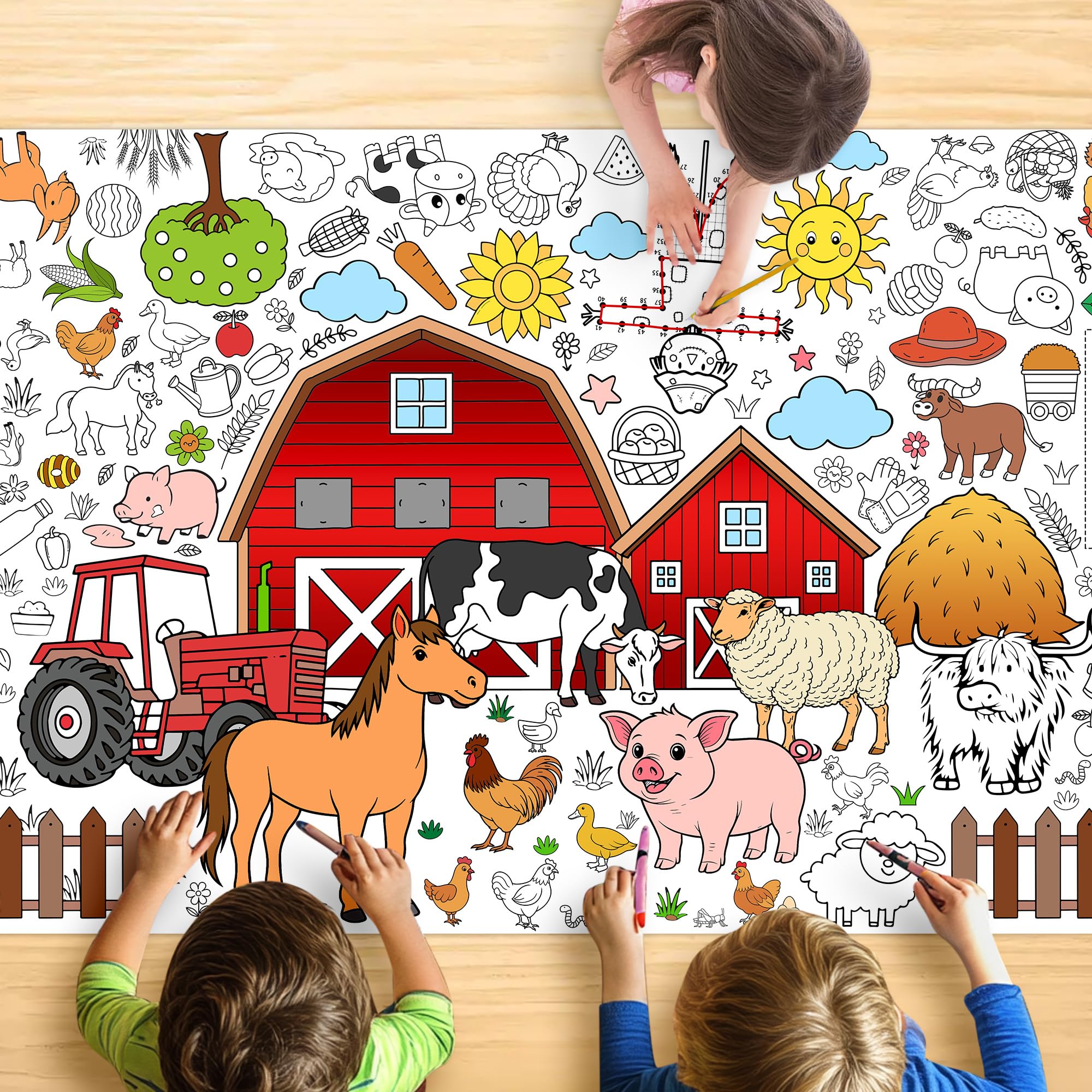 Farm Coloring Tablecloth for Kids, Giant 30x72 Inch Poster with Barns, Tractors, Animals, Perfect for Farm Party Games, Country Decorations, Classroom Activities, Event Supplies