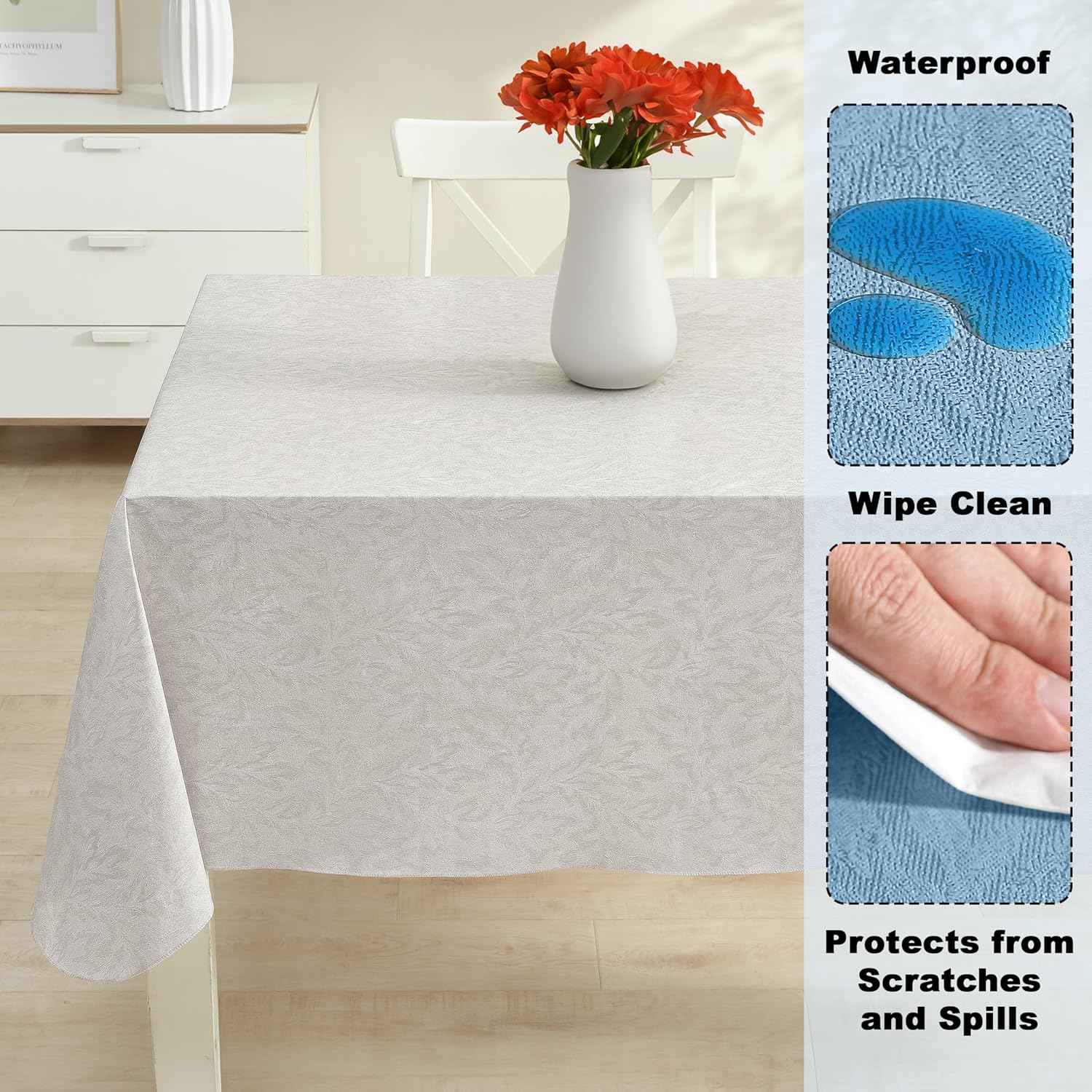 Newbridge Napa Leaf Beige Vinyl Flannel Backed Tablecloth, 60 x 102 Inch Rectangle, Hotel Quality Waterproof Indoor Outdoor Table Cover for Kitchen, Patio, Dining, BBQ