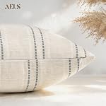 AELS 20x20 Decorative Farmhouse Linen Throw Pillow Covers, Boho Textured Pillow Case, Set of 2, Beige with White & Gray Stitch Yarn Dyed Stripe Cushion Cover for Sofa Couch Living Room (Cover ONLY)