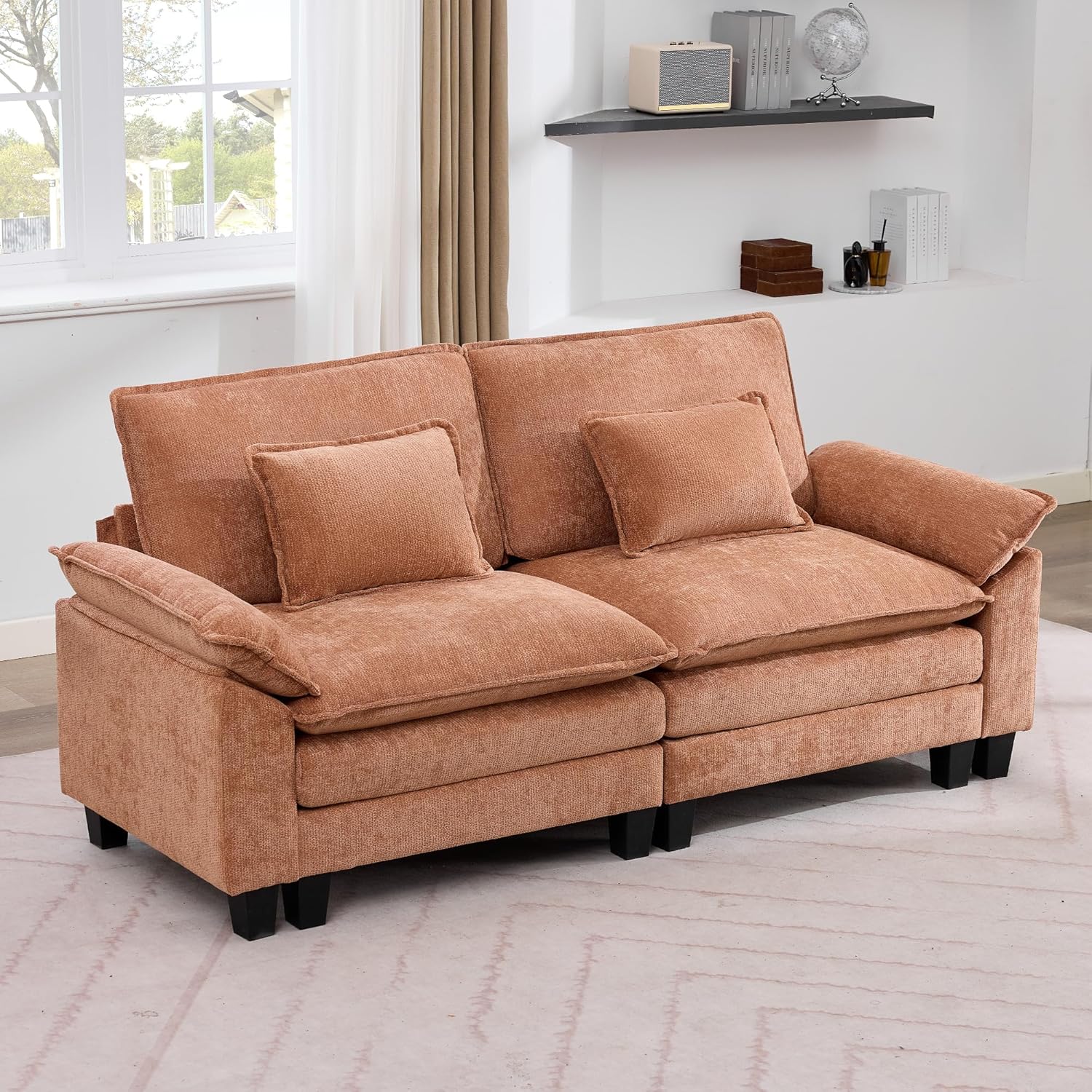 IPKIG 82.6" Modular Sectional Sofa, Chenille Loveseat Sectional Couch Comfy Upholstered Seat Sofa, Deep Seat Cloud Couch Sofa for Living Room, Orange | 2 Layer Cushion, Cloud Couch, Loveseat Sofa, Breathable Chenille, High Resiliency Foam, 25.9" Deep Seat