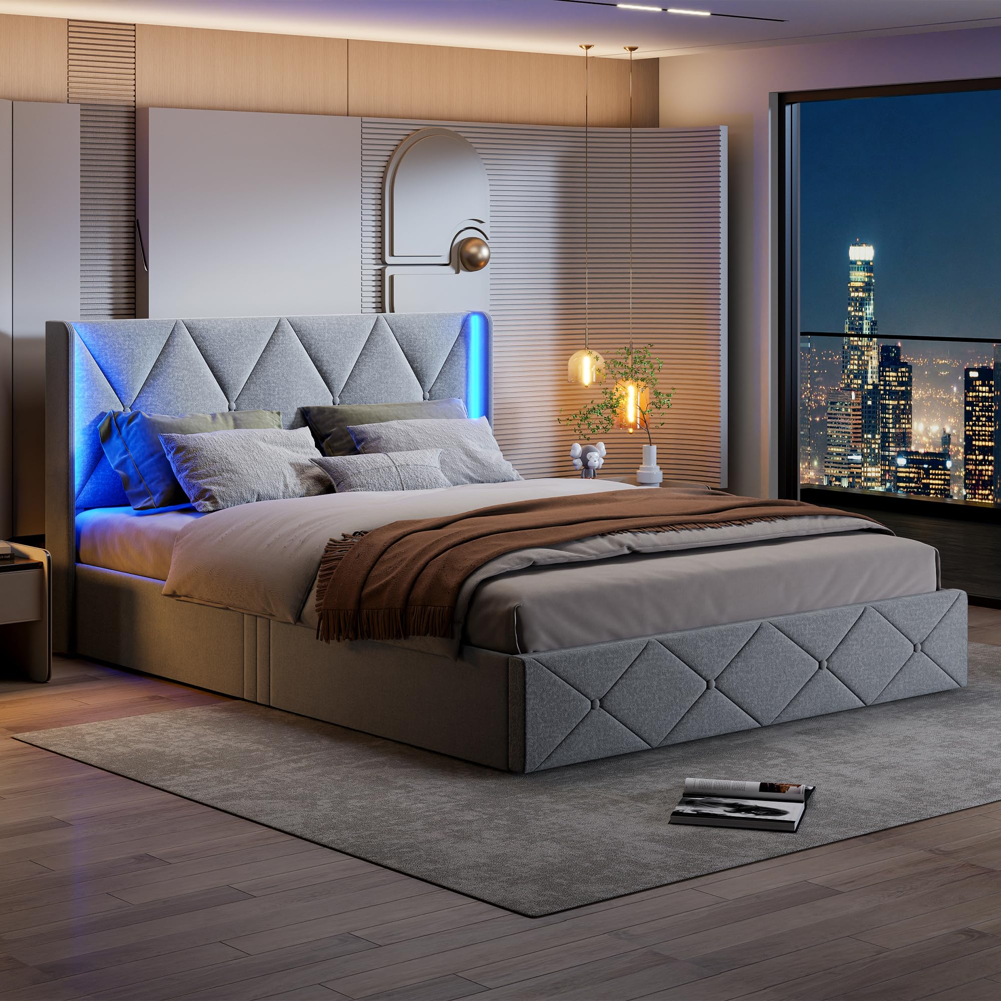 Générique Letto imbottito 140 x 200 cm, letto matrimoniale imbottito con ripostiglio, letto cassapanca con LED con rete a doghe in legno e testiera (grigio, 140 x 200 cm)