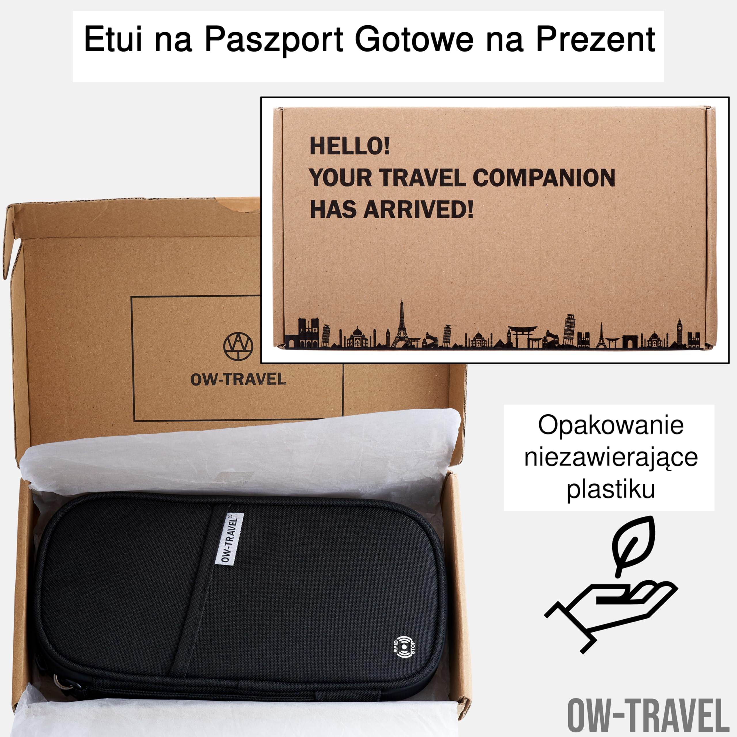 OW-Travel Etui na Paszport i Dokumenty (czarny) z ochroną RFID. Pojemne etui na paszport 4 paszporty na bilety lotnicze. Dołączone paski na nadgarstek i szyję bez użycia rąk