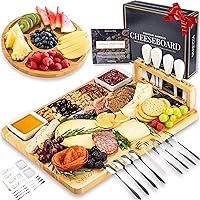 Vista 9 de Set de Regalo de Tablas de Charcutería Extra Grandes: Tabla de Queso de Bambú Redonda de 16 Pulgadas y Set de Cuchillos, Bandeja de Queso - Única