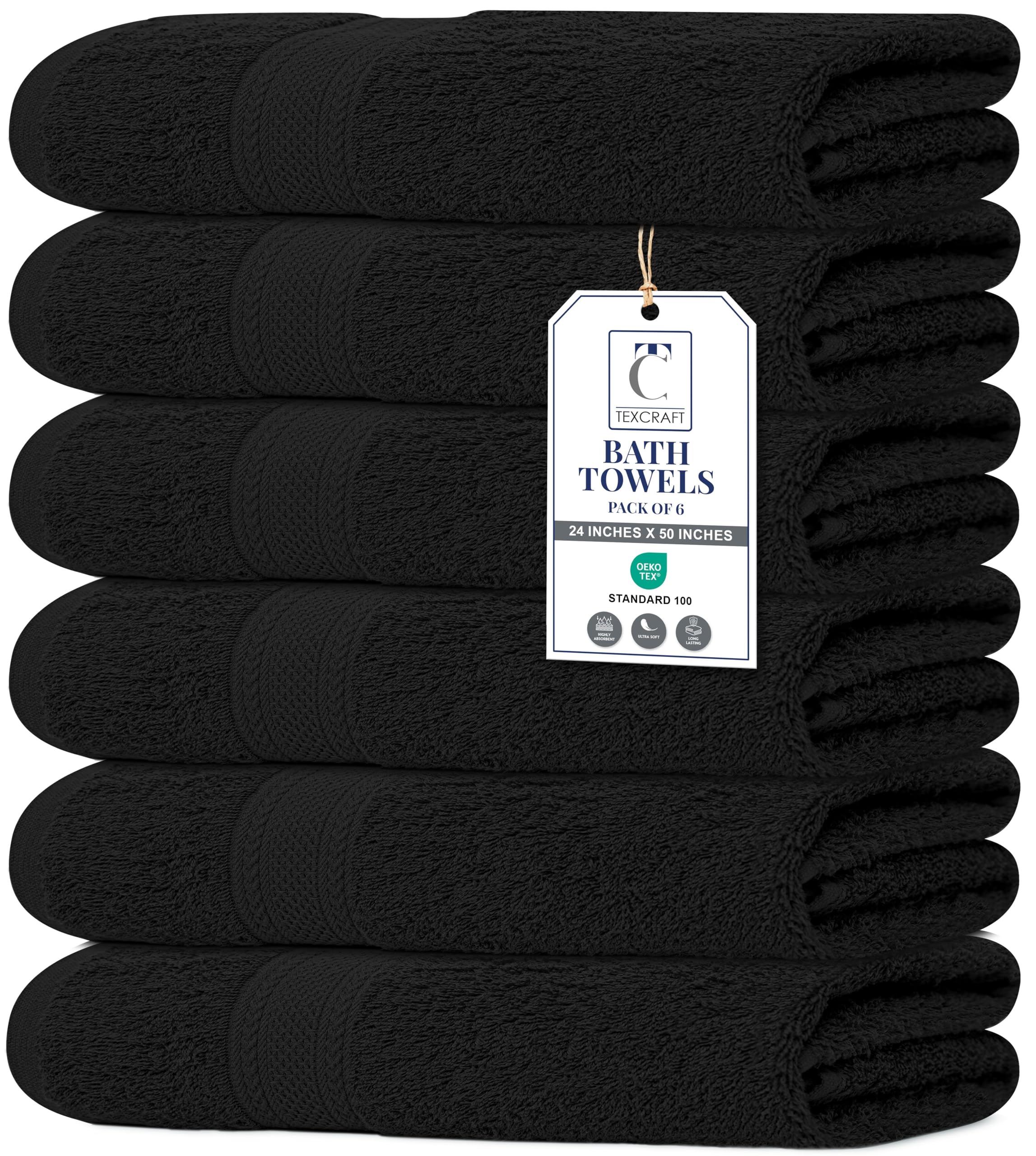 Large Bath Towels Set of 6 100 Cotton Terry 24 x 50 Quick Dry Soft Highly Absorbent Black
