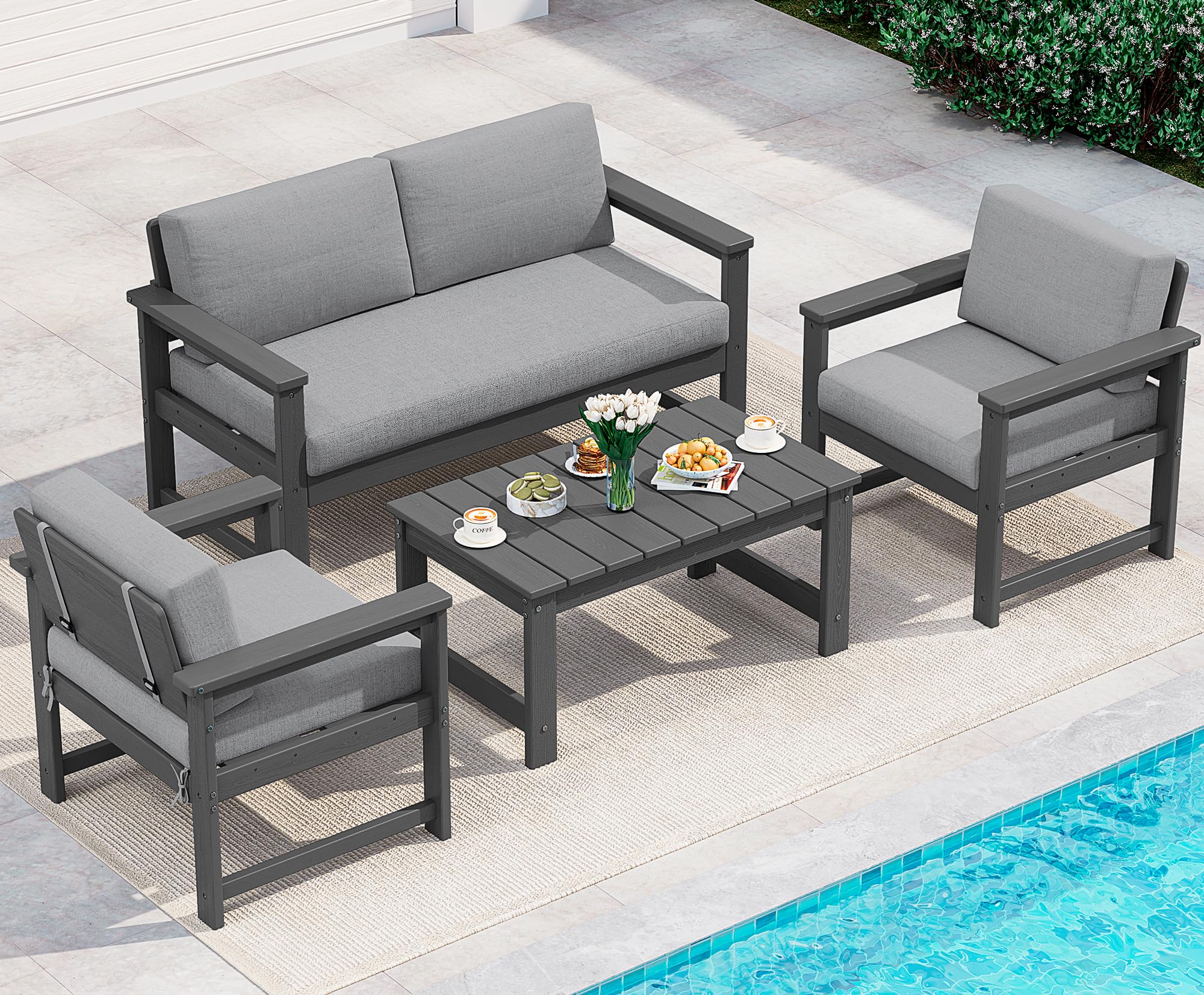 SERWALL 4 Pieces HDPE Outdoor Conversation Sofa Set with Cushions