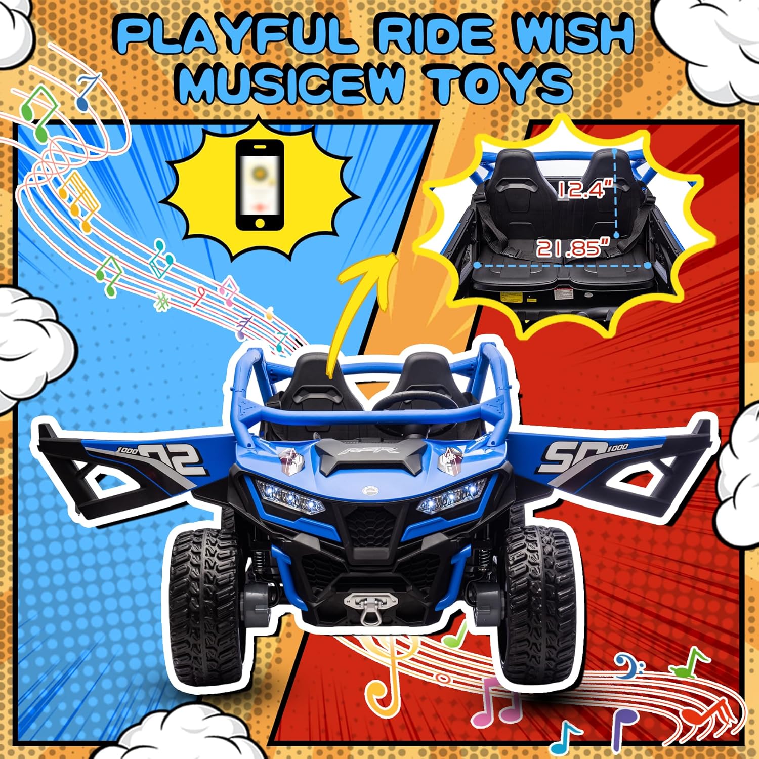 wanan XL 24V 10AH Ride on Toys for Big Kids Real 2-Seater, 4x4 4WD Motor Ride on Car Kid UTV for Kids 3-8, Remote Control, Bluetooth Music, 4 Spring Suspension, 22" Spacious Seats (Blue)