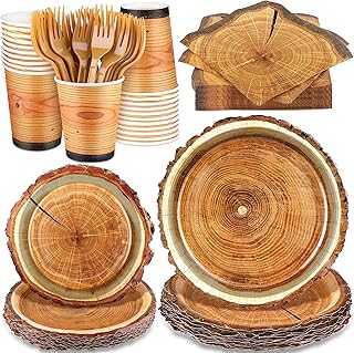 durony 144 Pieces Camping Wood Grain Slice Dinnerware Set Rustic Wood Pa...
