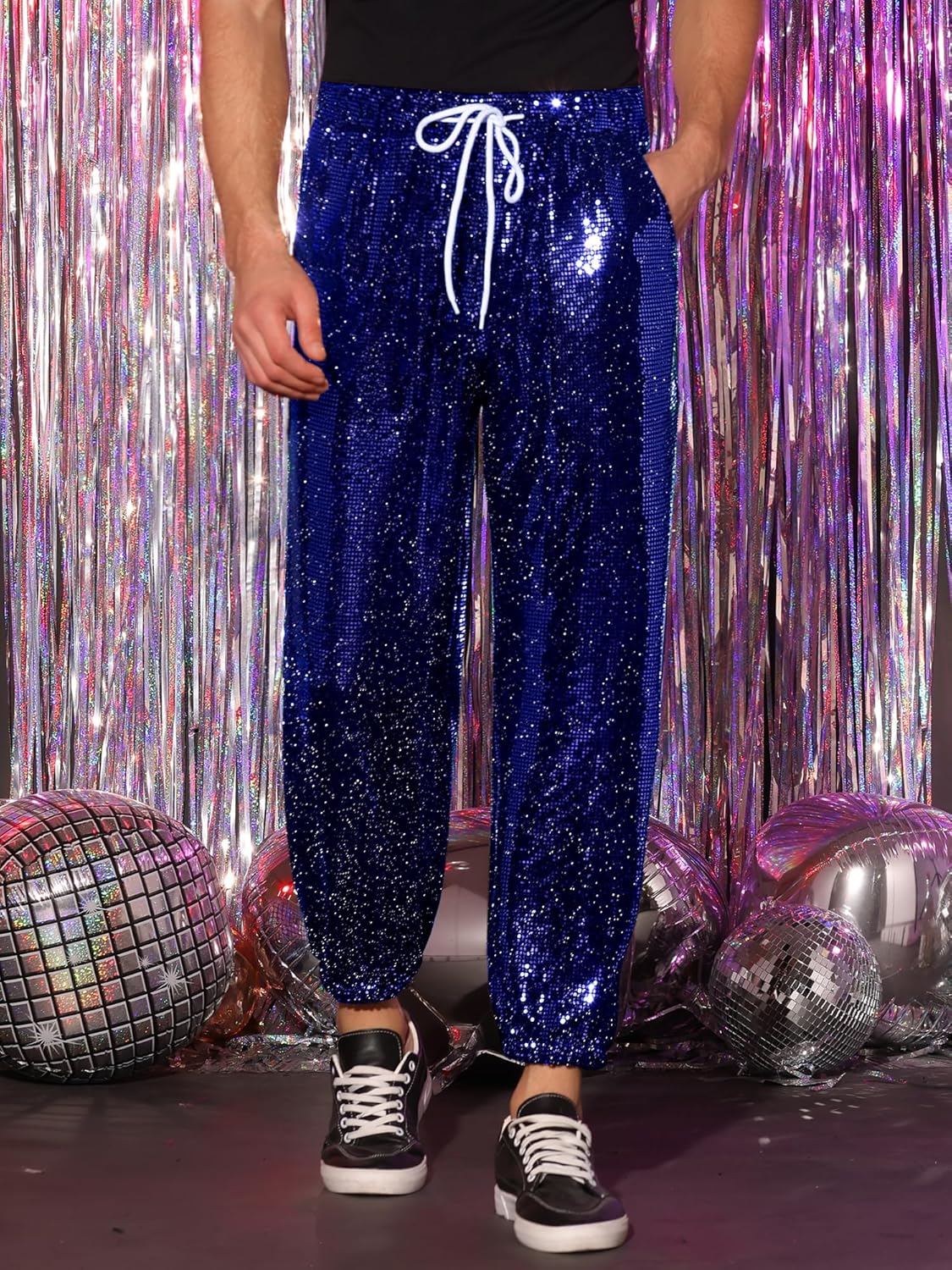 Lars Amadeus Sequins Drawstring Pants for Men's Elastic Waist Nightwear Club Shiny Jogger - Image 2