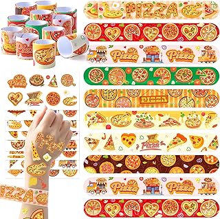 Pizza Party Favors Decorations Set - 40 Pcs Pizza Slap Bracelets Food Burgers Cheese Temporary Tattoo Stickers for Pizza Party Decor Birthday Supplies Goodie Bag Stuffers