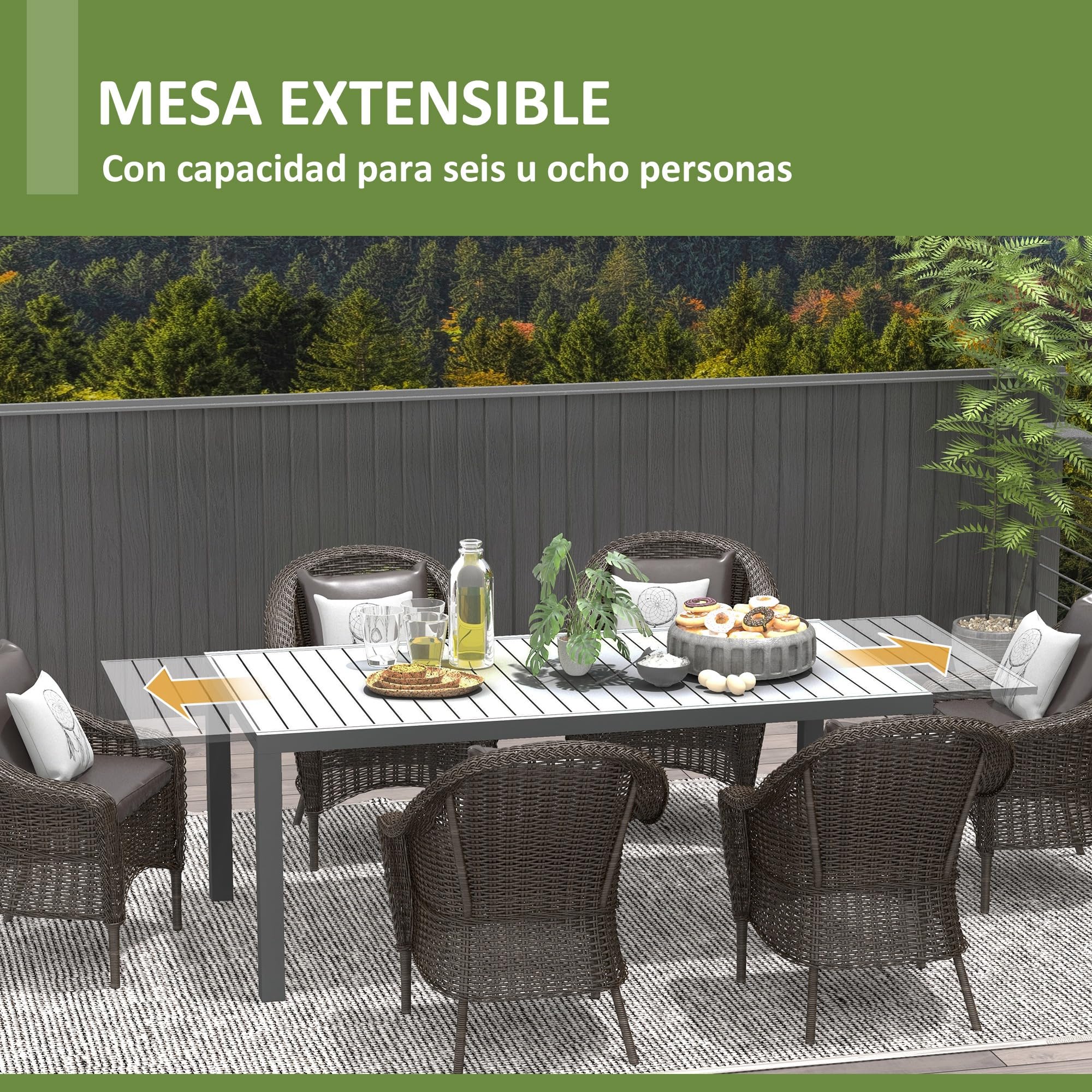 Outsunny Mesa de Jardín Extensible 180/240x94x73 cm Aluminio Gris Oscuro | Mesa de Comedor Exterior Rectangular, para 6-8 Personas, Carga 50 kg, para Balcón
