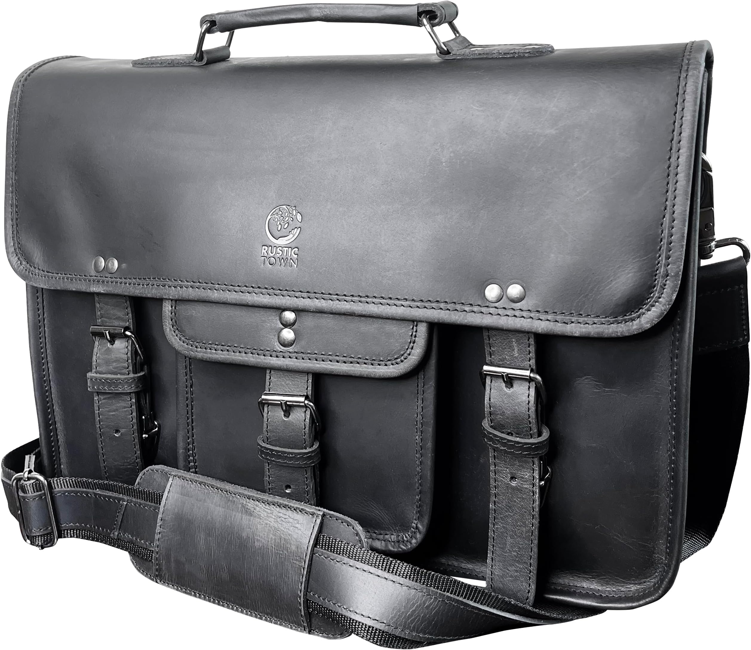 RUSTIC TOWN Leather Messenger Bag for Men - Full Grain Leather Briefcase Laptop Satchel Office Crossbody Travel Bag, Black, L, Leather Satchel for Men