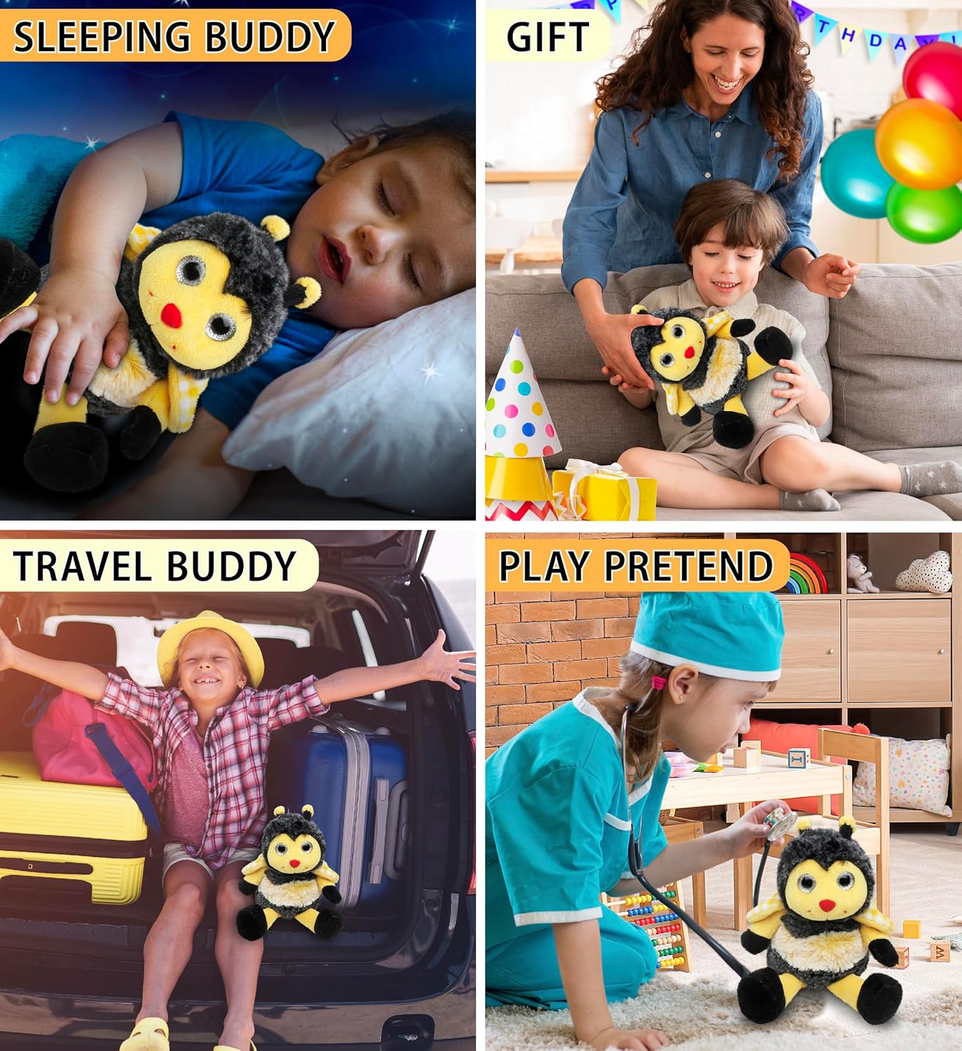 DolliBu Sitting Bee - Super Soft Realistic Stuffed Animal, Cute Insect Plush Toy for Boys and Girls, Adorable Gift for Baby, Kids, and Adults - 7 Inches