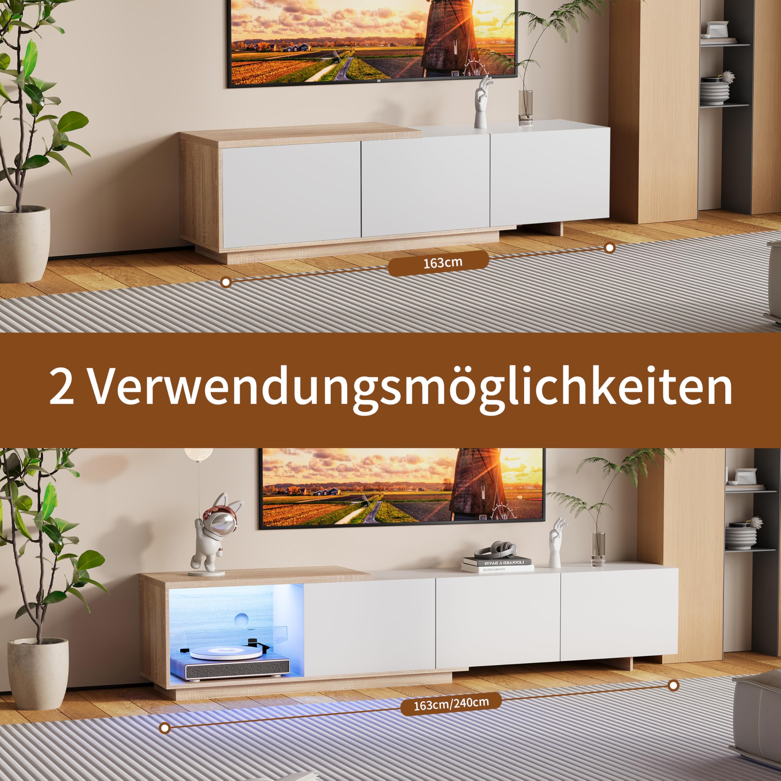 Mobile basso per TV 240 cm con 3 cassetti per TV fino a 85 pollici, credenza per TV con illuminazione a LED, armadio per TV allungabile per soggiorno e camera da letto (bianco)